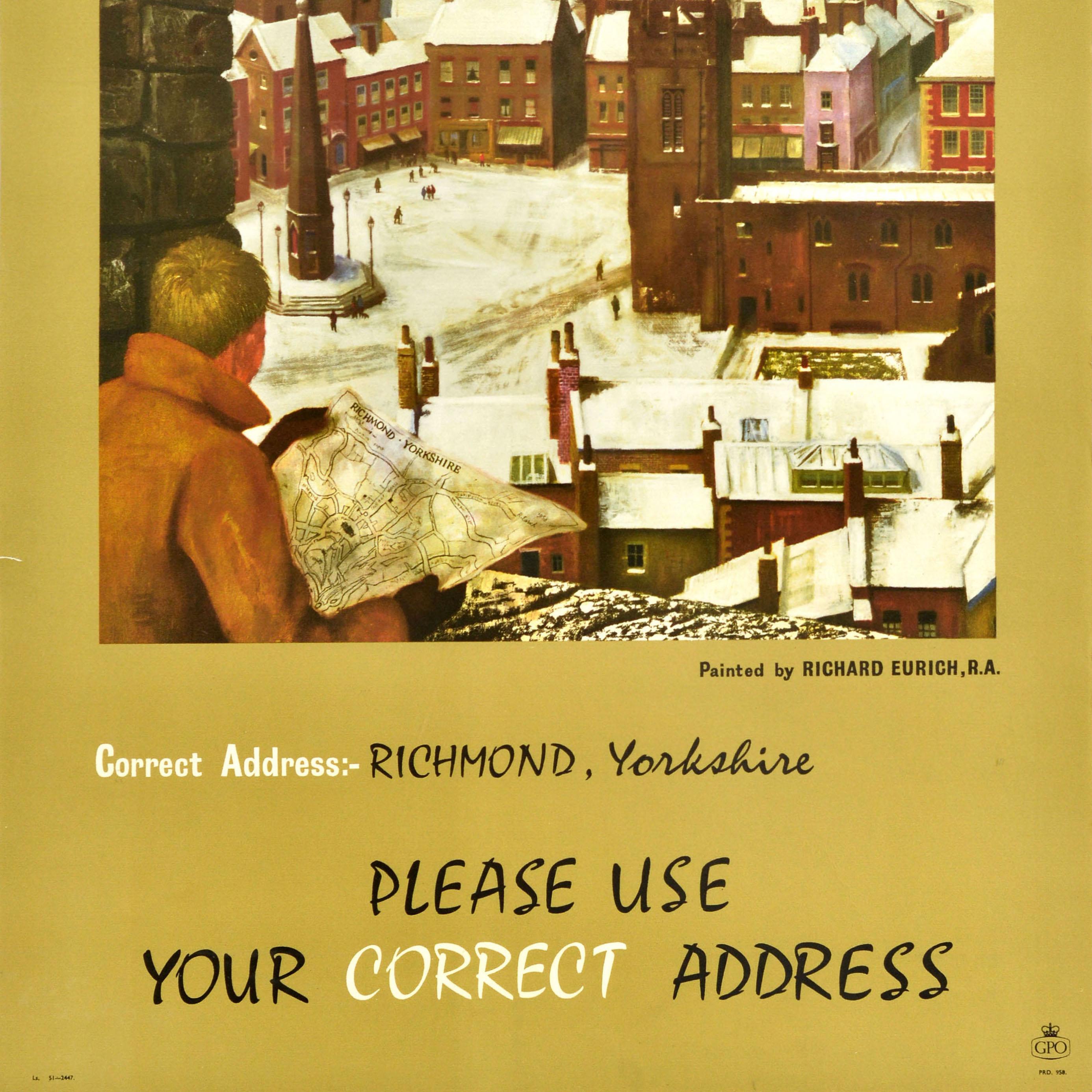 Original vintage post office advertising poster featuring a great artwork by a British artist Richard Eurich (1903-1992) depicting a man looking at the map of Richmond with the city below, the caption below the image reads - Correct Address: