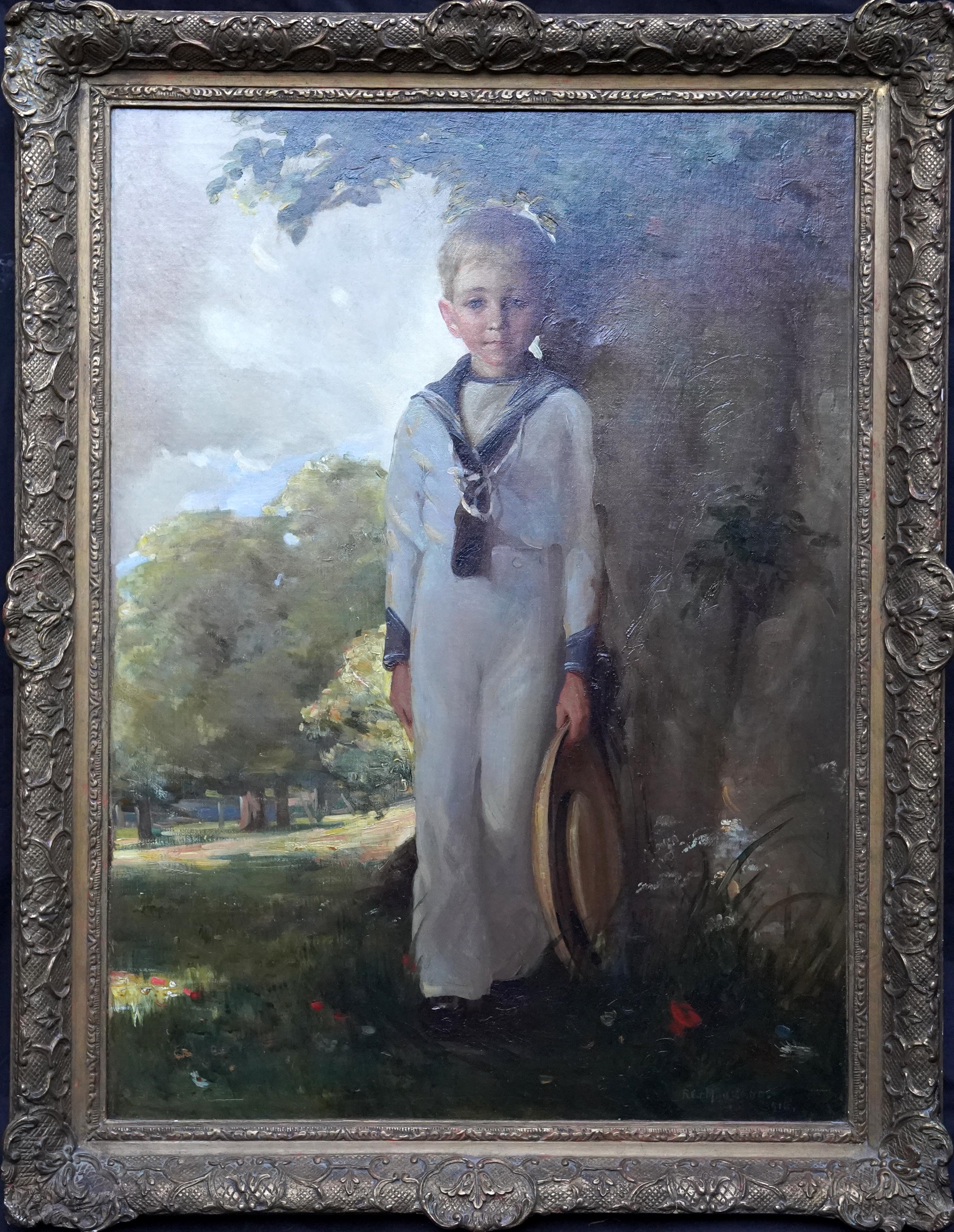 Portrait of a Young Sailor Boy in a Landscape - British 1916 art oil painting