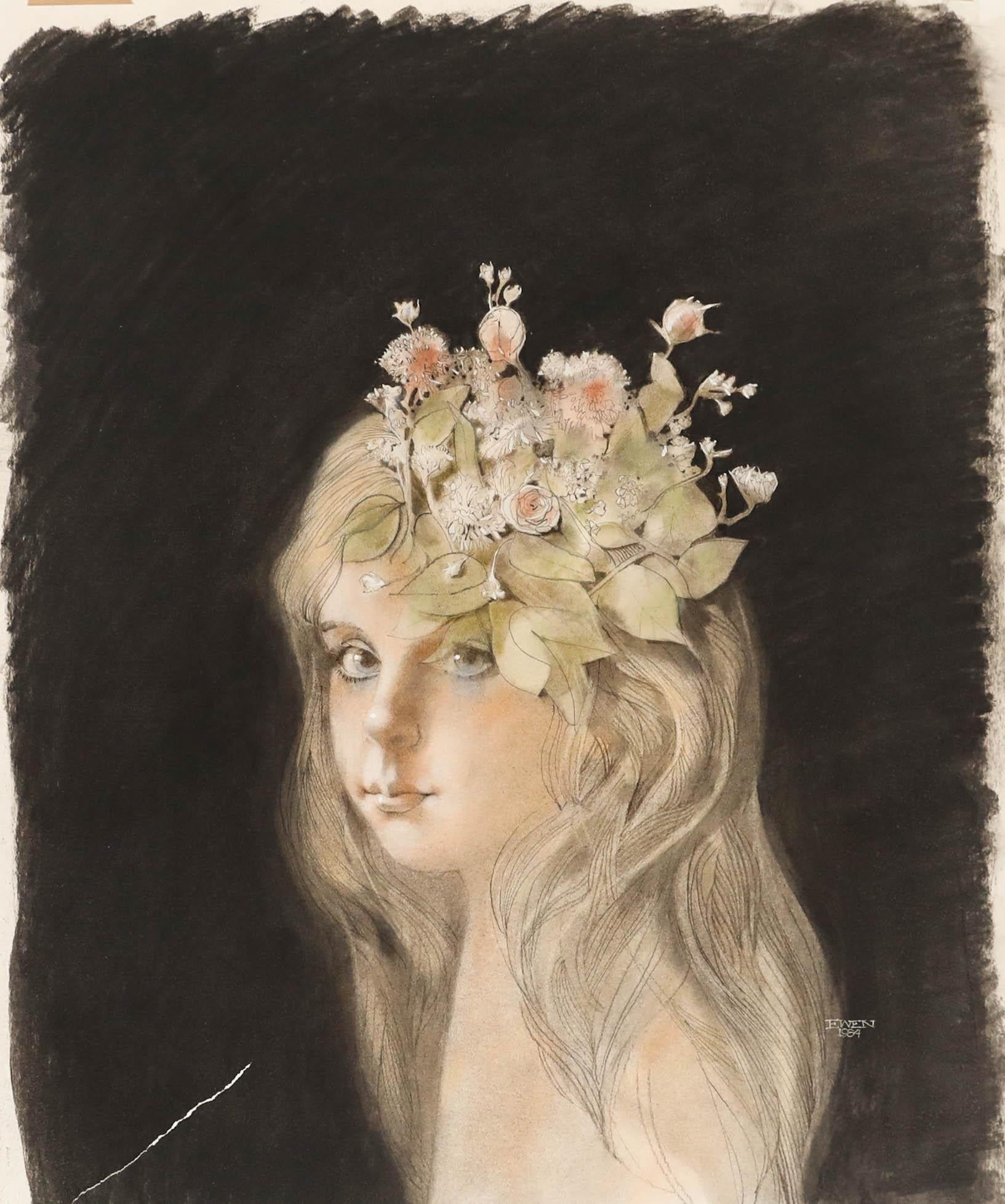 Richard Ewen (1929-2009) - 1984 Mixed Media, Girl With Floral Fascinator For Sale 1