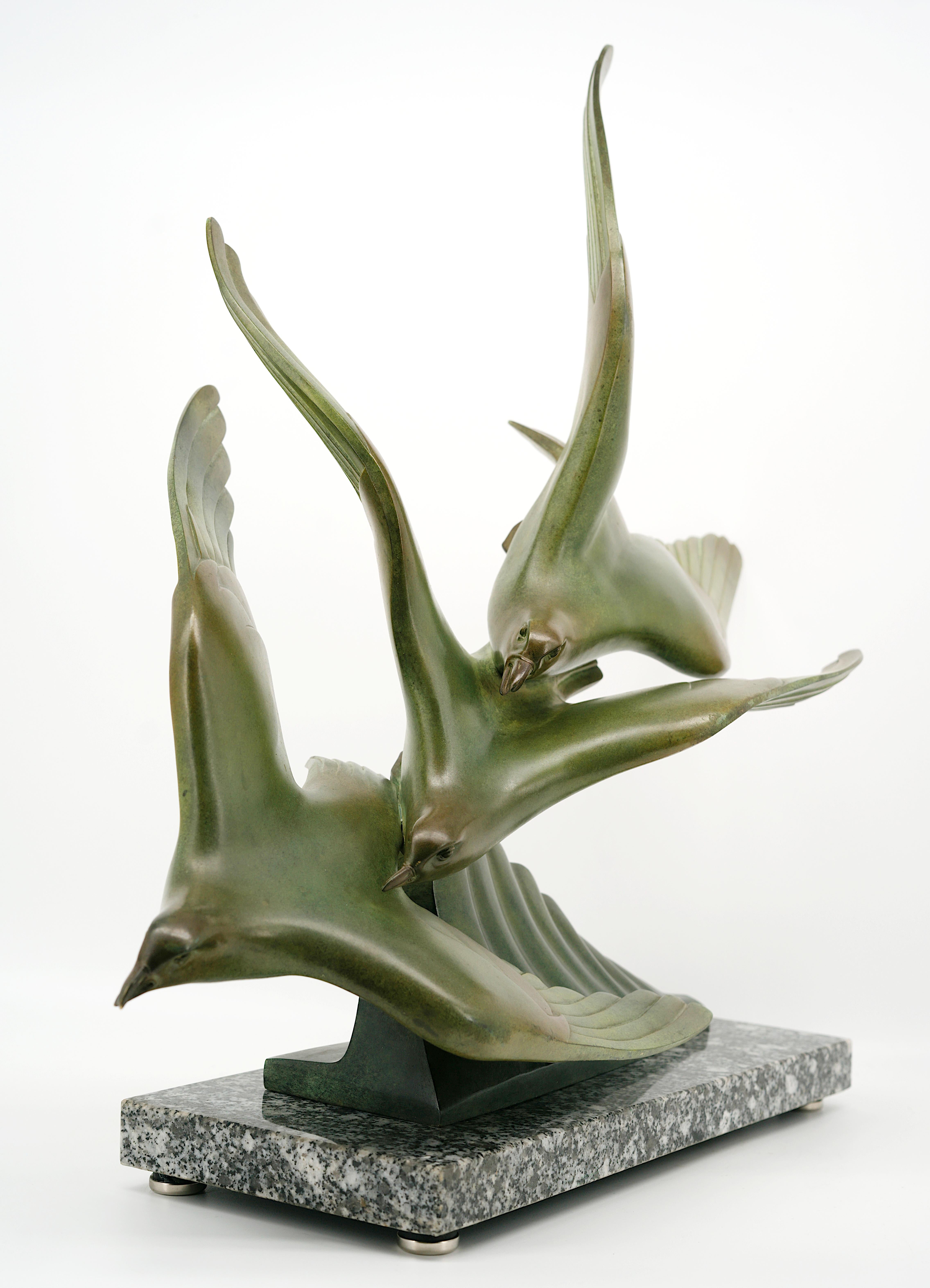 Richard FATH French Art Deco Bronze 3 Seagulls Sculpture, 1930s For Sale 3
