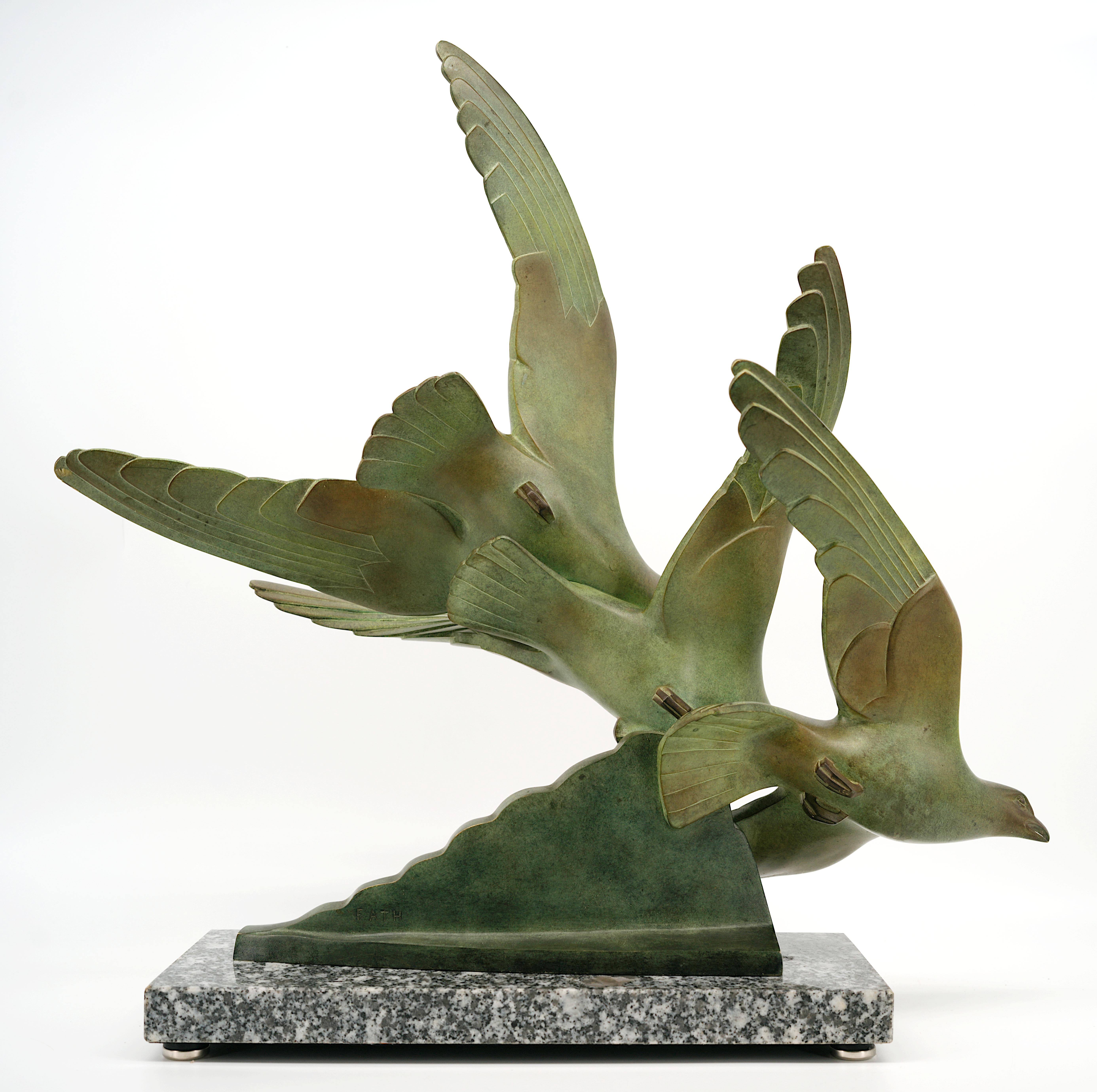 Richard FATH French Art Deco Bronze 3 Seagulls Sculpture, 1930s For Sale 5