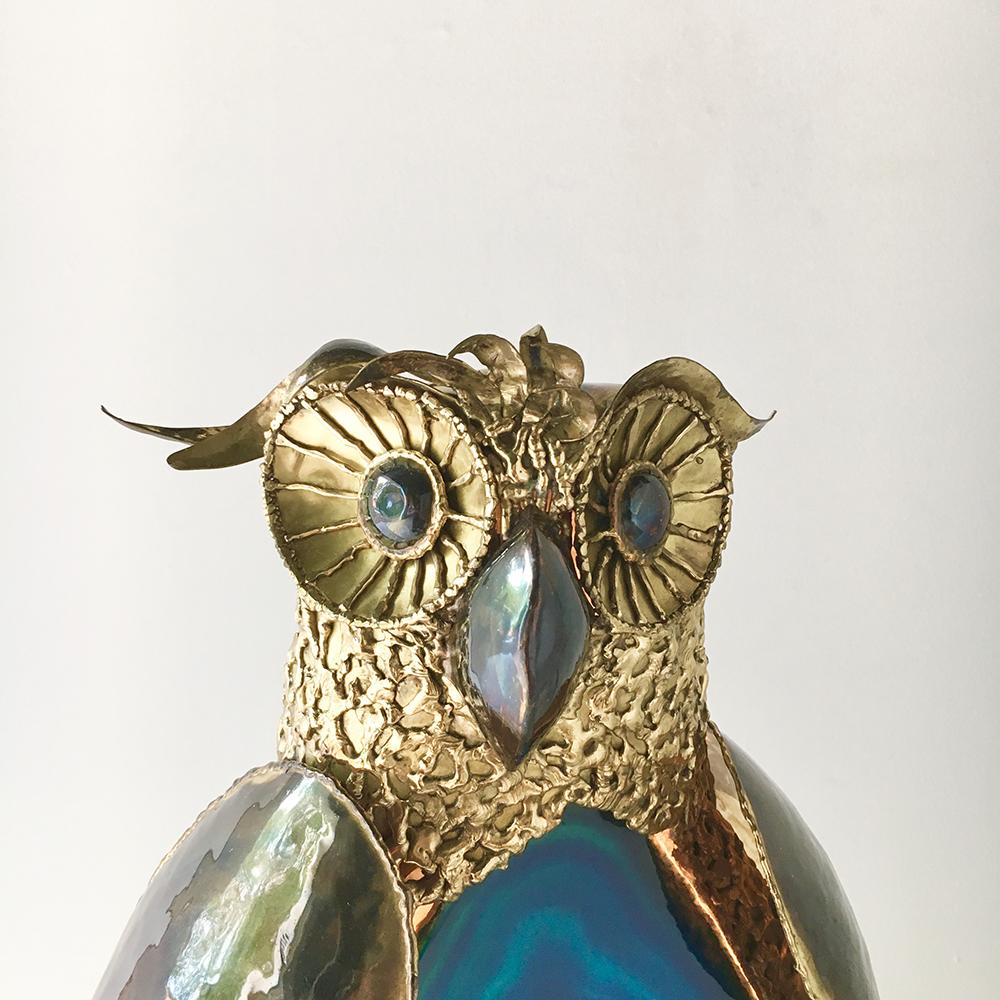 French Richard Faure Sculptural Brass and Agate Illuminated Owl, 1980s