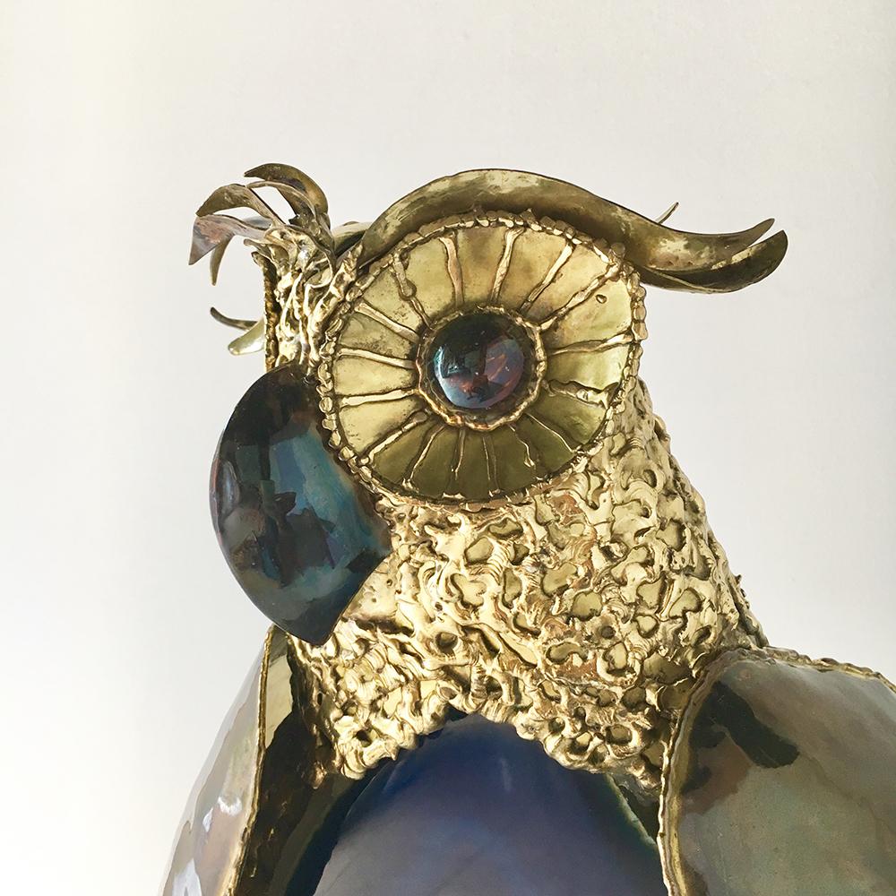 Richard Faure Sculptural Brass and Agate Illuminated Owl, 1980s In Good Condition In London, GB