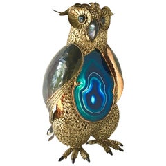 Richard Faure Sculptural Brass and Agate Illuminated Owl, 1980s