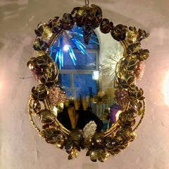 Richard Faure Wall Mirror with Sculptural Brass Leaves and Grapes Frame, 1970s