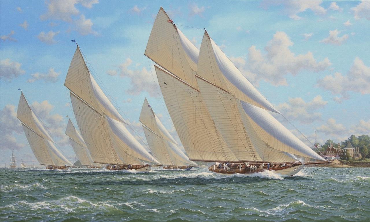 Richard Firth Pittura a olio, scena di yachting, 'I cinque grandi'
