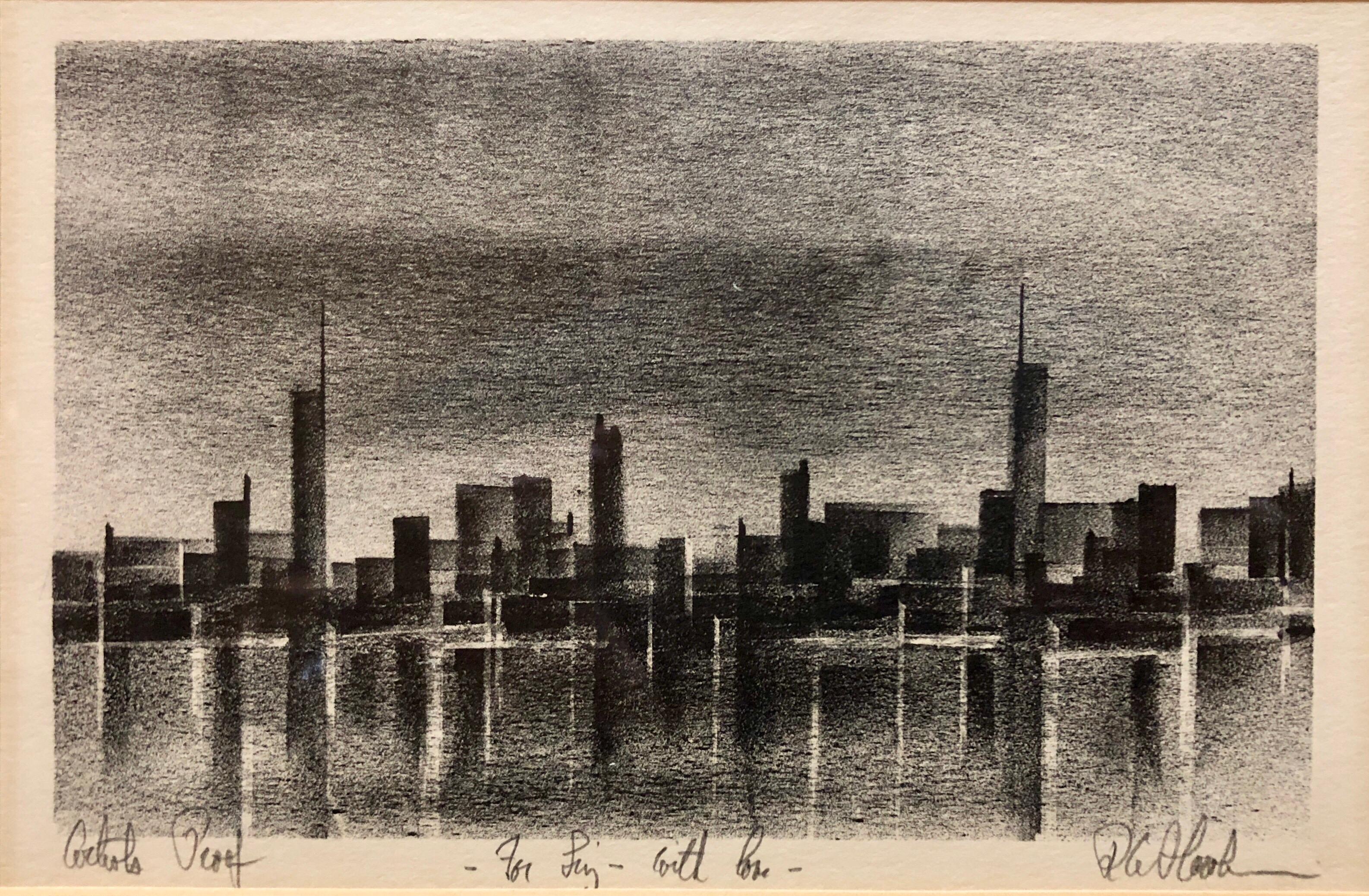 Richard Florsheim Landscape Painting - Cityscape Lithograph Chicago Modernist