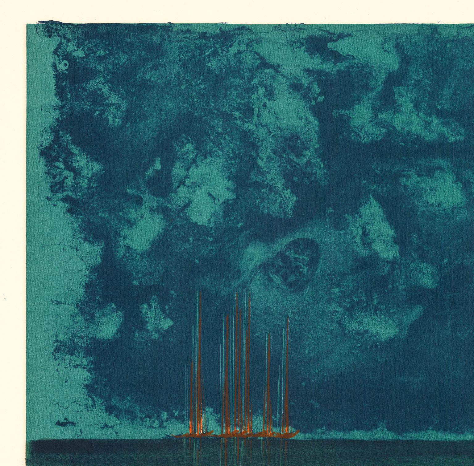 Richard Florsheim created this color lithograph entitled “Thunderheads” in 1972 in an edition of 50 pieces. Published by Associated American Artists and printed by Mourlot Press, Paris, this impression is signed and inscribed “21/50.” It is in good