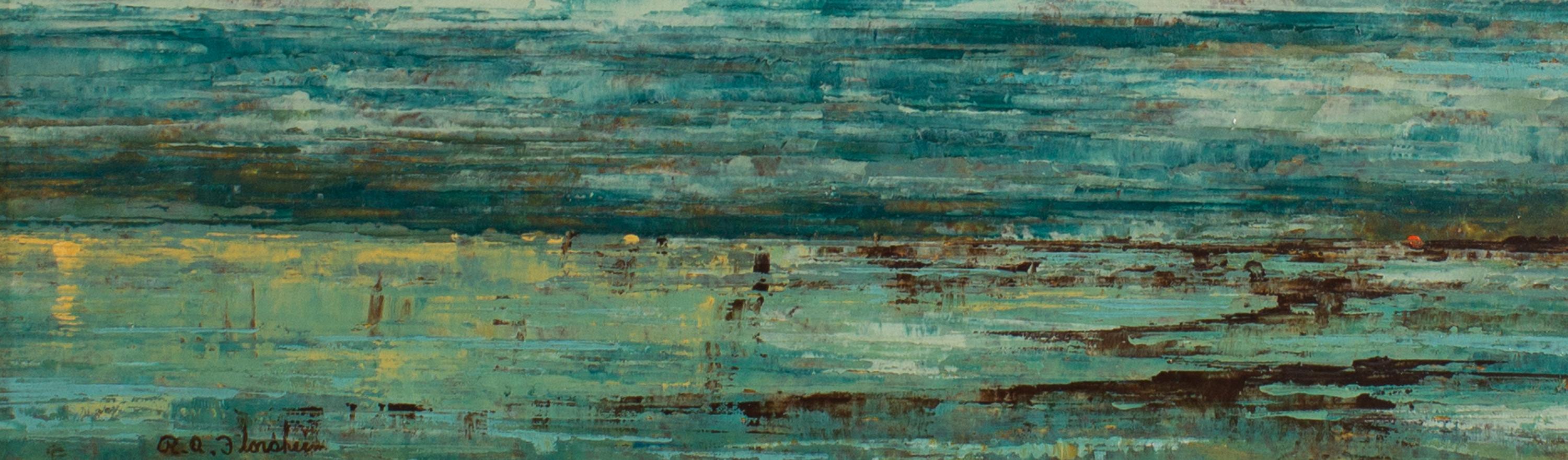 Peinture à l'huile sur carton de l'artiste américain Richard Florsheim (1916-1979). Intitulée Marée du soir, cette œuvre abstraite représente un rivage sinueux avec des eaux calmes et un ciel d'un bleu profond. Signé en bas à gauche, le tableau est