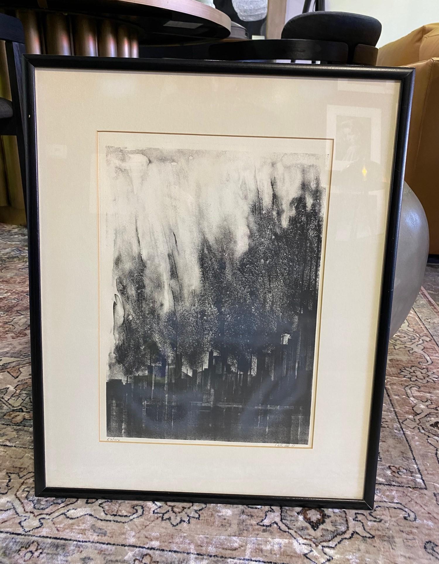 A wonderful and alluring, dark, rich black and white lithograph by Chicago-born American painter and artist Richard Florsheim. 

The work, titled 