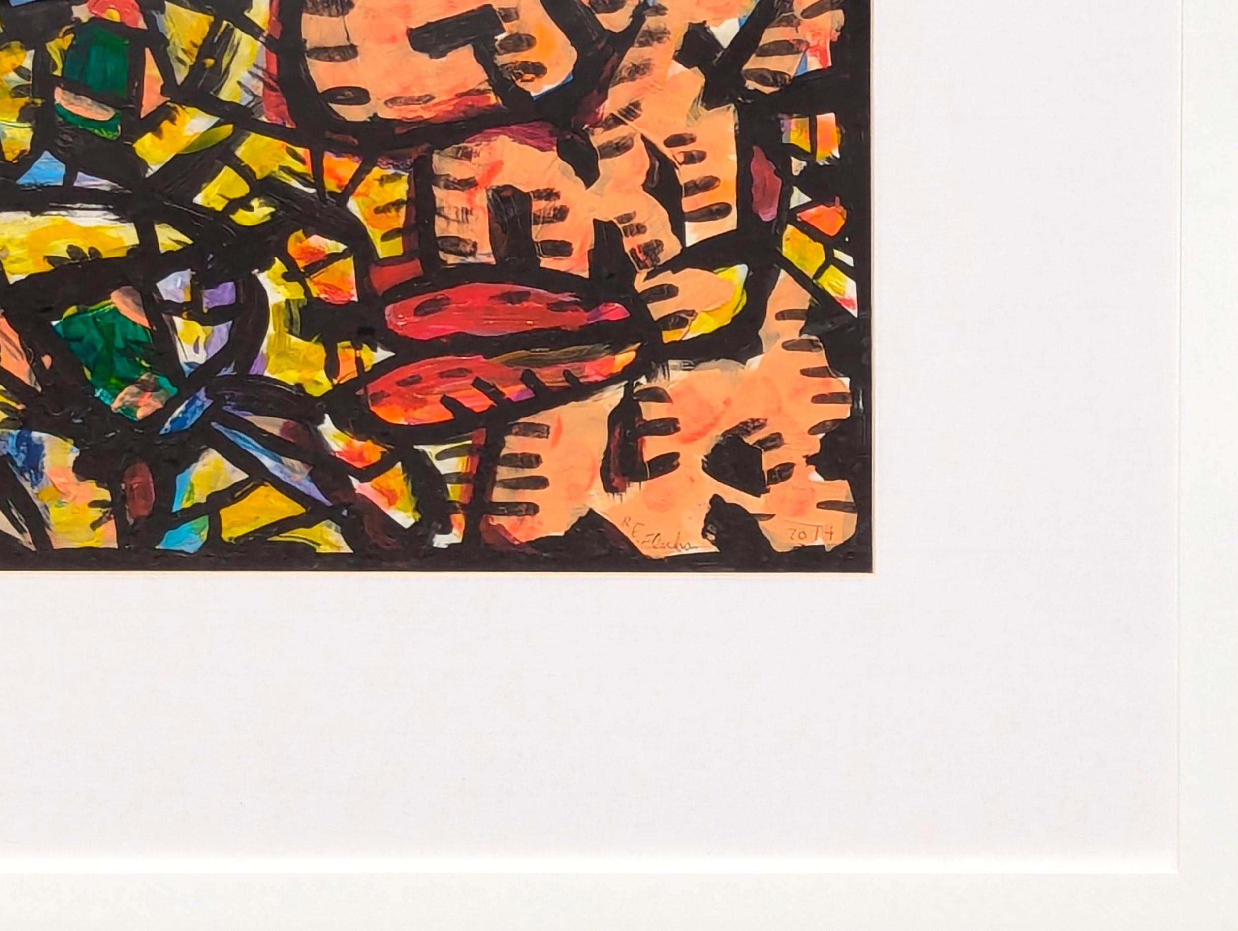Colorido abstracto figurativo contemporáneo del artista tejano Richard E. Fluhr. La obra presenta un par de figuras abstractas en tonos melocotón sobre un fondo amarillo y azul. Firmado y fechado en la esquina inferior derecha. Actualmente está
