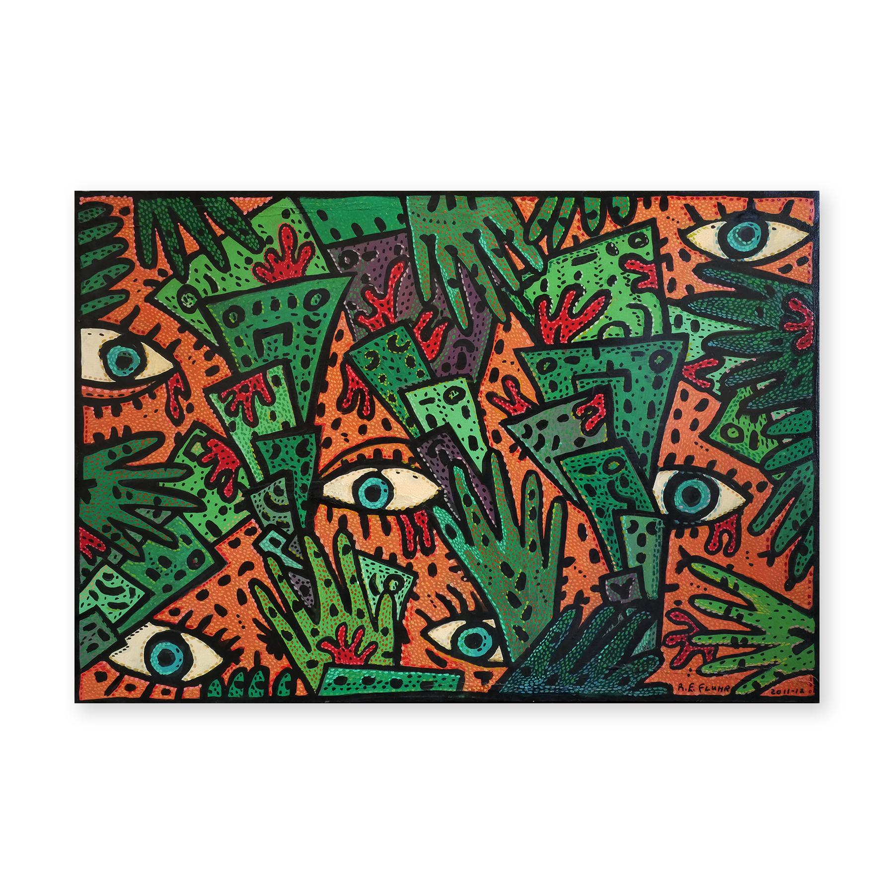 L'argent du sang ? Peinture contemporaine abstraite orange, verte et marron - Painting de Richard Fluhr