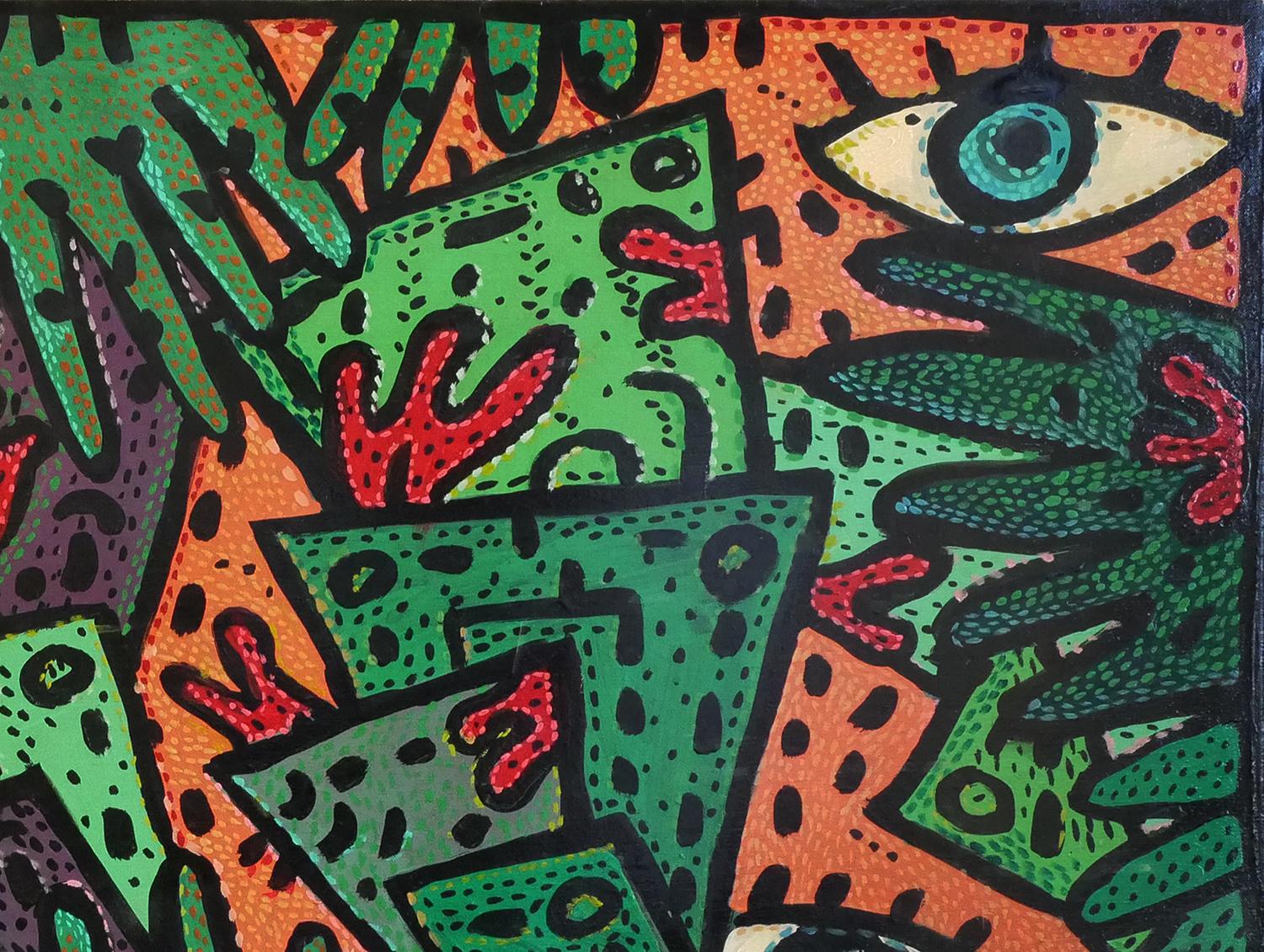 “Bloody Money?” Orange, Green, and Brown Abstract Contemporary Painting - Black Abstract Painting by Richard Fluhr