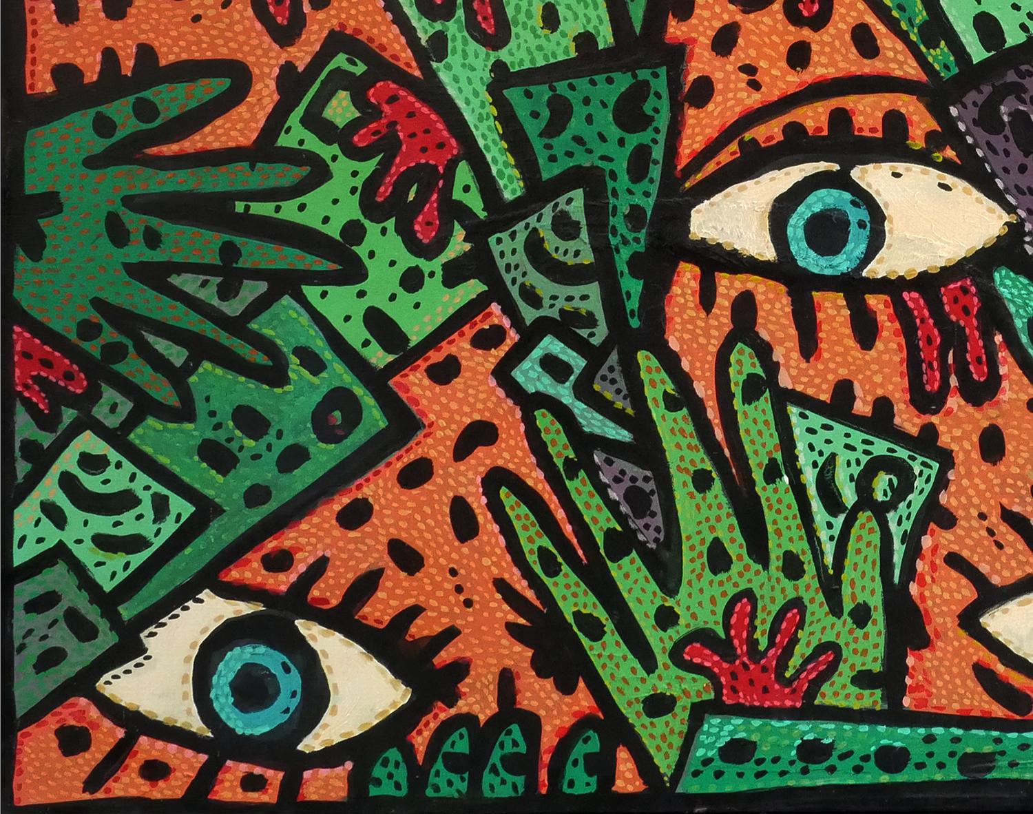 L'argent du sang ? Peinture contemporaine abstraite orange, verte et marron - Noir Abstract Painting par Richard Fluhr