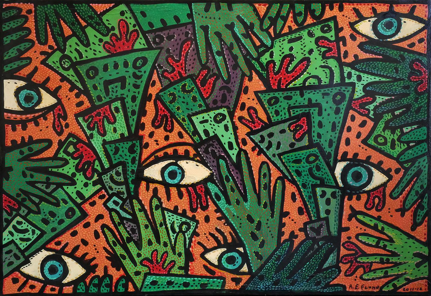 Richard Fluhr Abstract Painting - “Bloody Money?” Orange, Green, and Brown Abstract Contemporary Painting