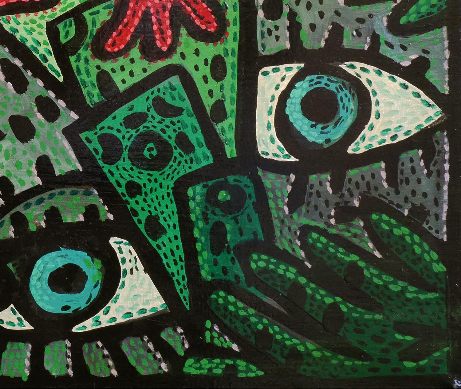 Green and red abstract contemporary painting by Houston, TX artist Richard Fluhr. This painting features abstract blue eyes against a background of abstracted green shapes that resemble hands and possibly buildings. This work has a painted black
