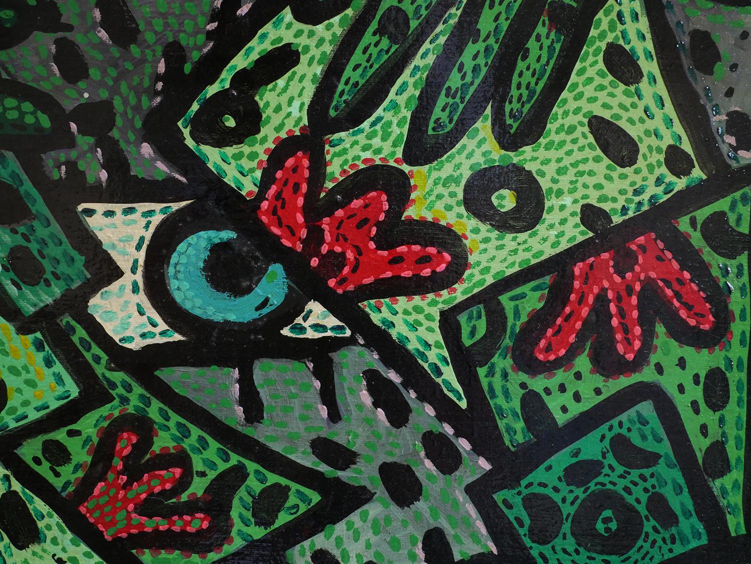 Peinture abstraite contemporaine verte et rouge de l'artiste Richard Fluhr de Houston, TX. Cette peinture représente des yeux bleus abstraits sur un fond de formes vertes abstraites qui ressemblent à des mains et peut-être à des bâtiments. Cette