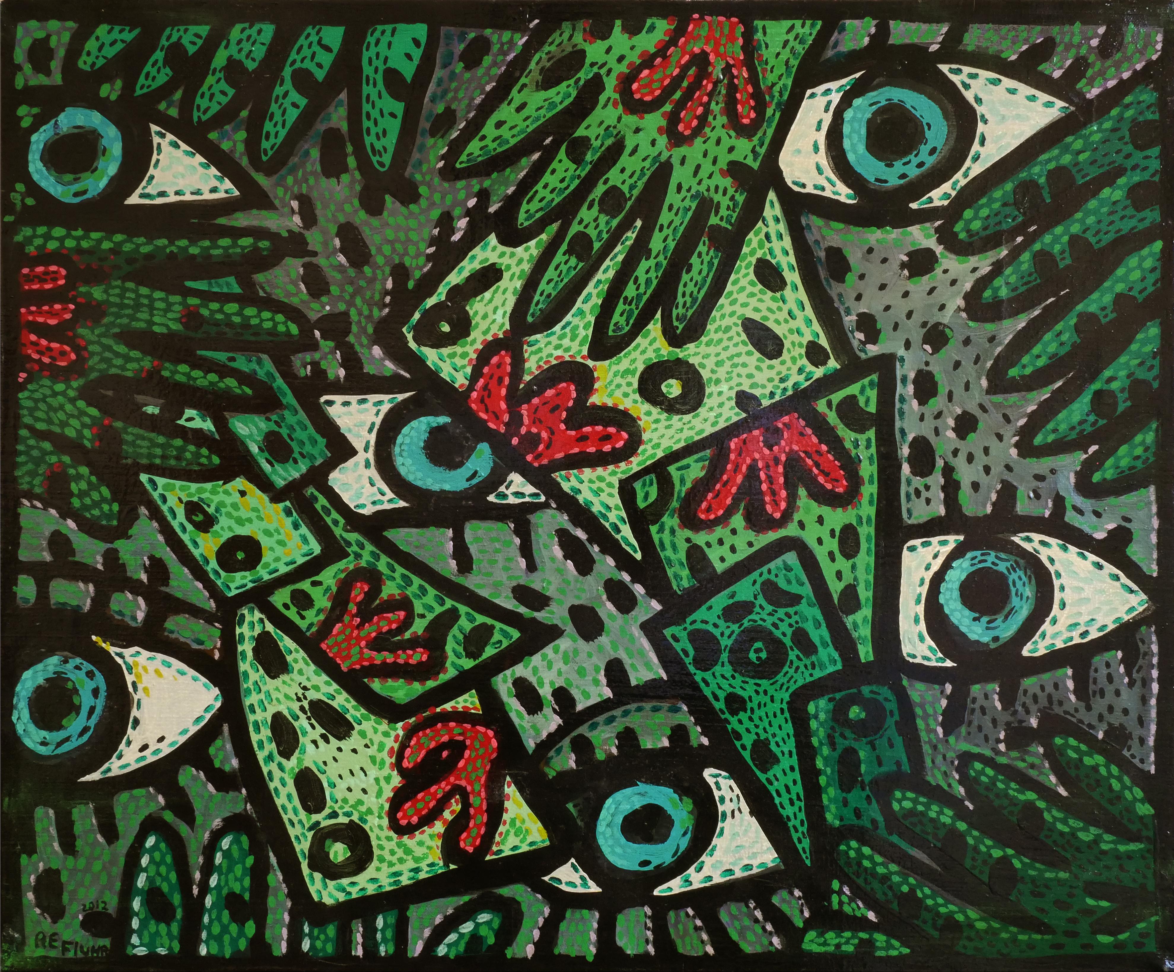 Richard Fluhr Abstract Painting - "Free Money?" Small Fun Green and Red Eyes Abstract Contemporary Painting