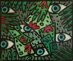 "Free Money?" Small Fun Green and Red Eyes Abstract Contemporary Painting