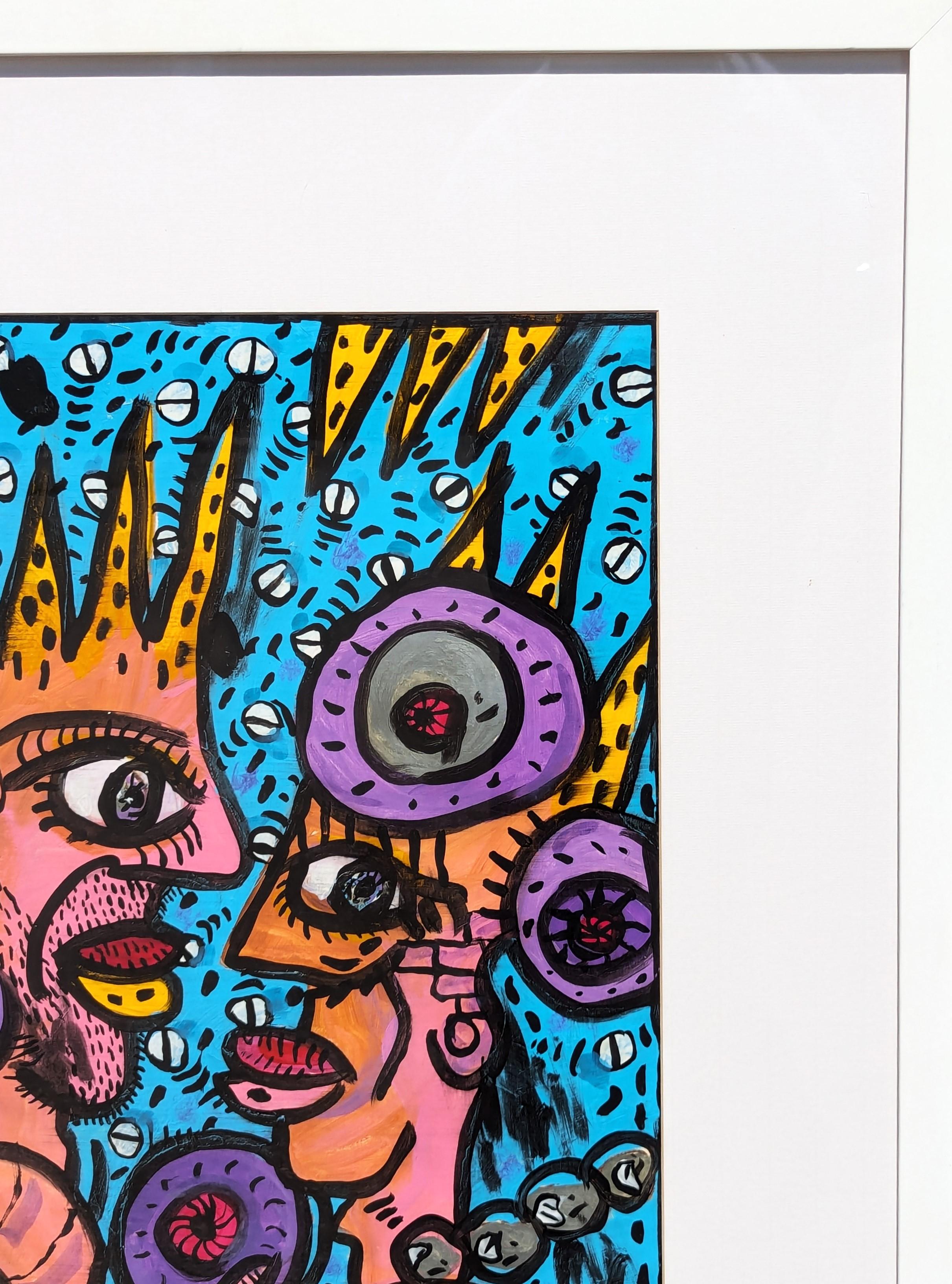 Colorido abstracto figurativo contemporáneo del artista tejano Richard E. Fluhr. La obra presenta un par de figuras abrazadas en tonos rosa y naranja sobre un fondo azul. Firmado y fechado en el margen central delantero. Actualmente está colgado en