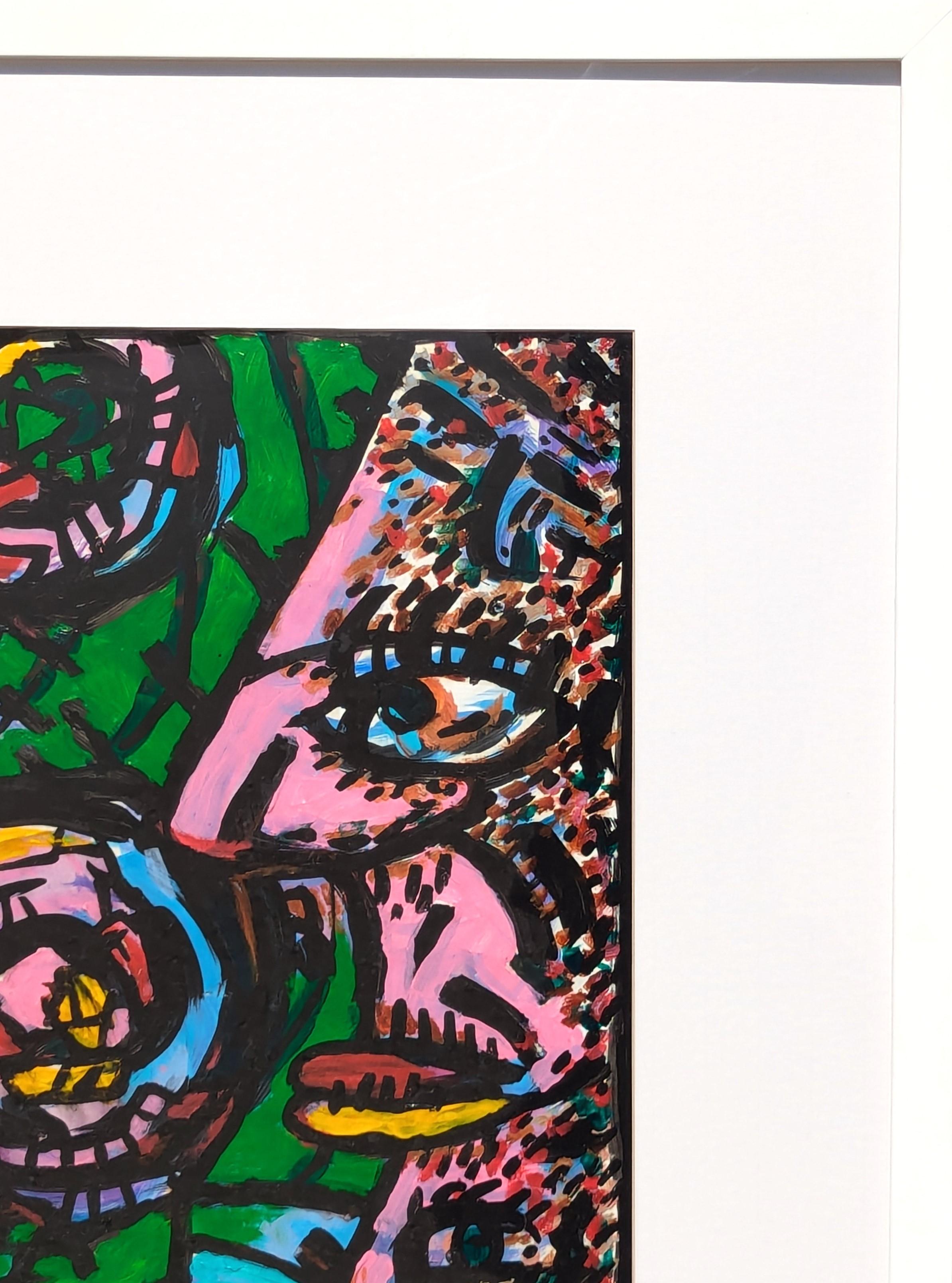 Colorido abstracto figurativo contemporáneo del artista tejano Richard E. Fluhr. La obra presenta un grupo de figuras abstractas en rosa y amarillo sobre un fondo verde. Firmado y fechado en el margen central delantero. Actualmente está colgado en