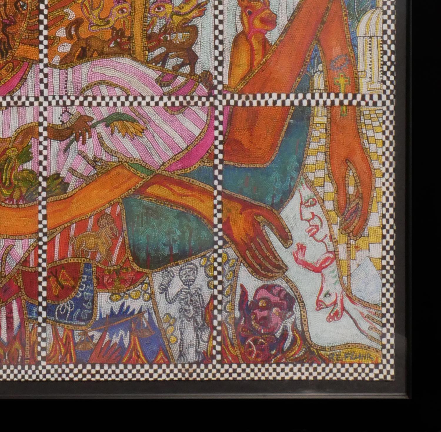 Warm toned mosaic style figurative abstract by Texas based artist Richard E. Fluhr. The work features a group of abstract figures broken up into a grid of twelve rectangles set against a black and white checkered background. Signed, dated, and