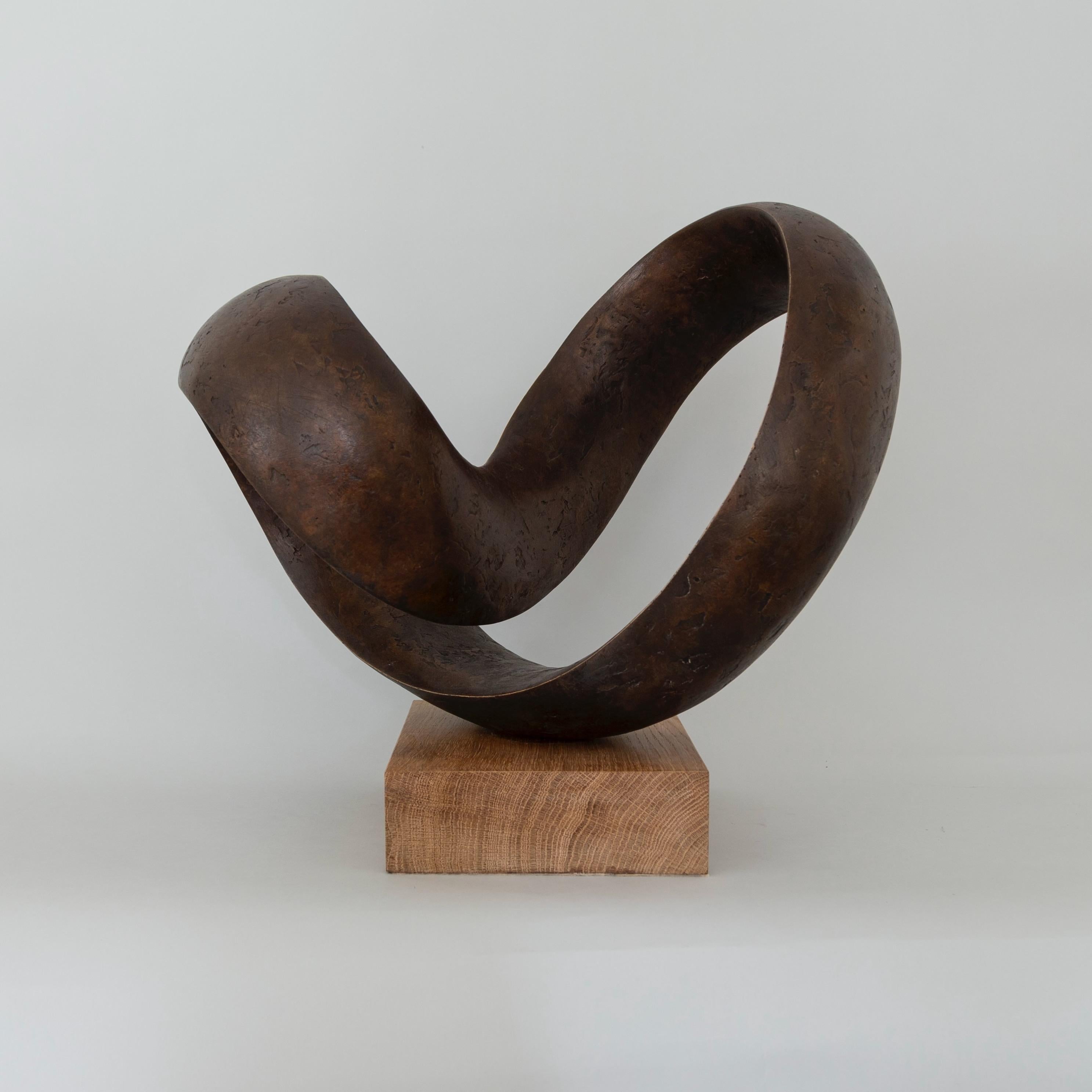 Bronze Moebius V - Contemporary Patinated Bronze Spiral Sculpture on Oak Base For Sale 1