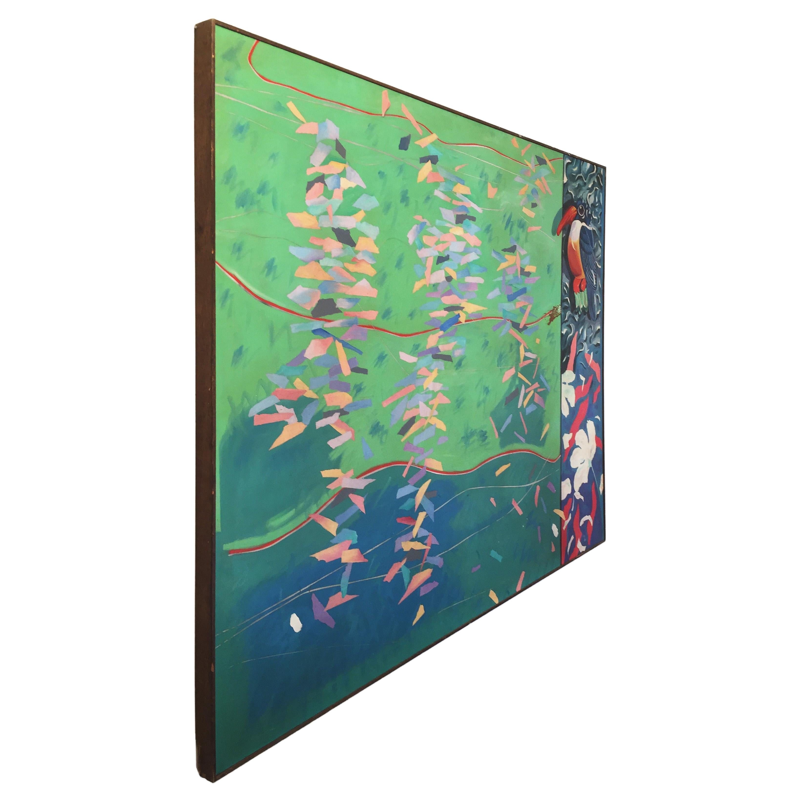 Grande peinture à l'huile sur toile représentant un oiseau exotique sur un lac coloré, intitulée 