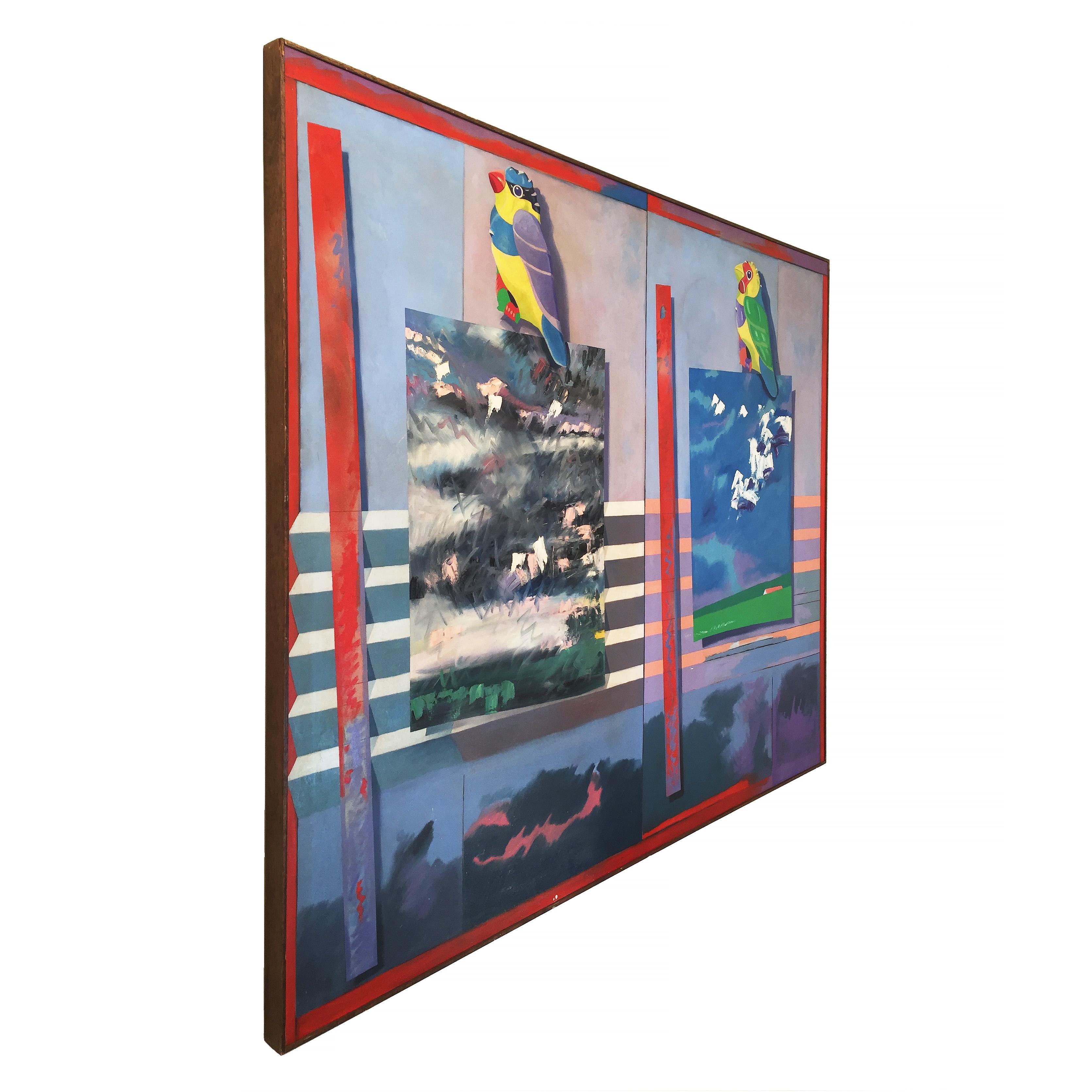 A large oil-on-canvas painting representing two exotic birds on a colourful backdrop, titled ‘Mated Measure’ and dated 1980. The painting brings two birds into life from two weather snapshots, one cloudy and one sunny. This painting is the epitome