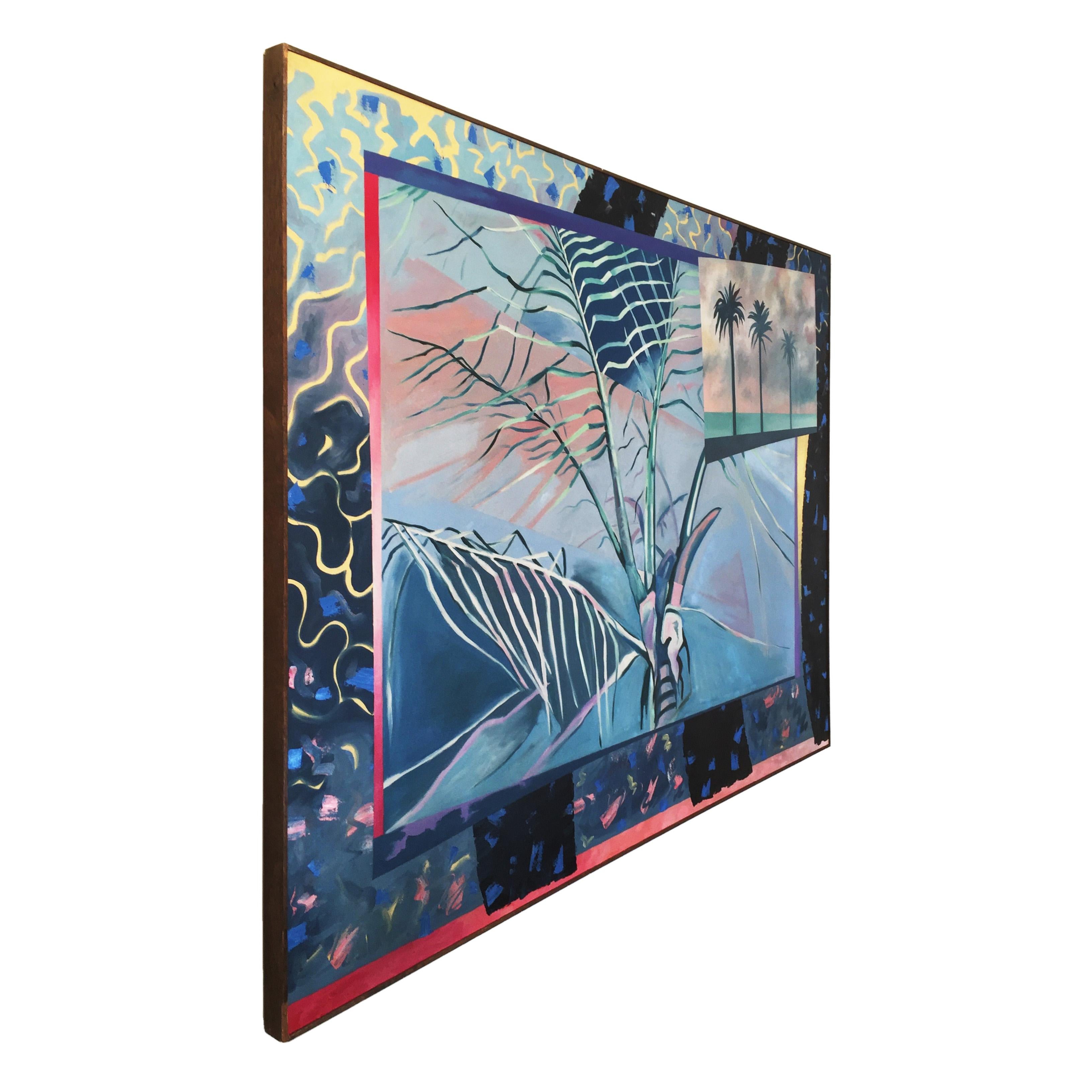 A large oil-on-canvas painting, representing an exotic dreamy palm tree on a colourful pastel backdrop. Entitled ‘Palm’s Parade’, and dated 1980, the painting borders a palm tree with a snapshot of three palm trees on the top right. This painting is