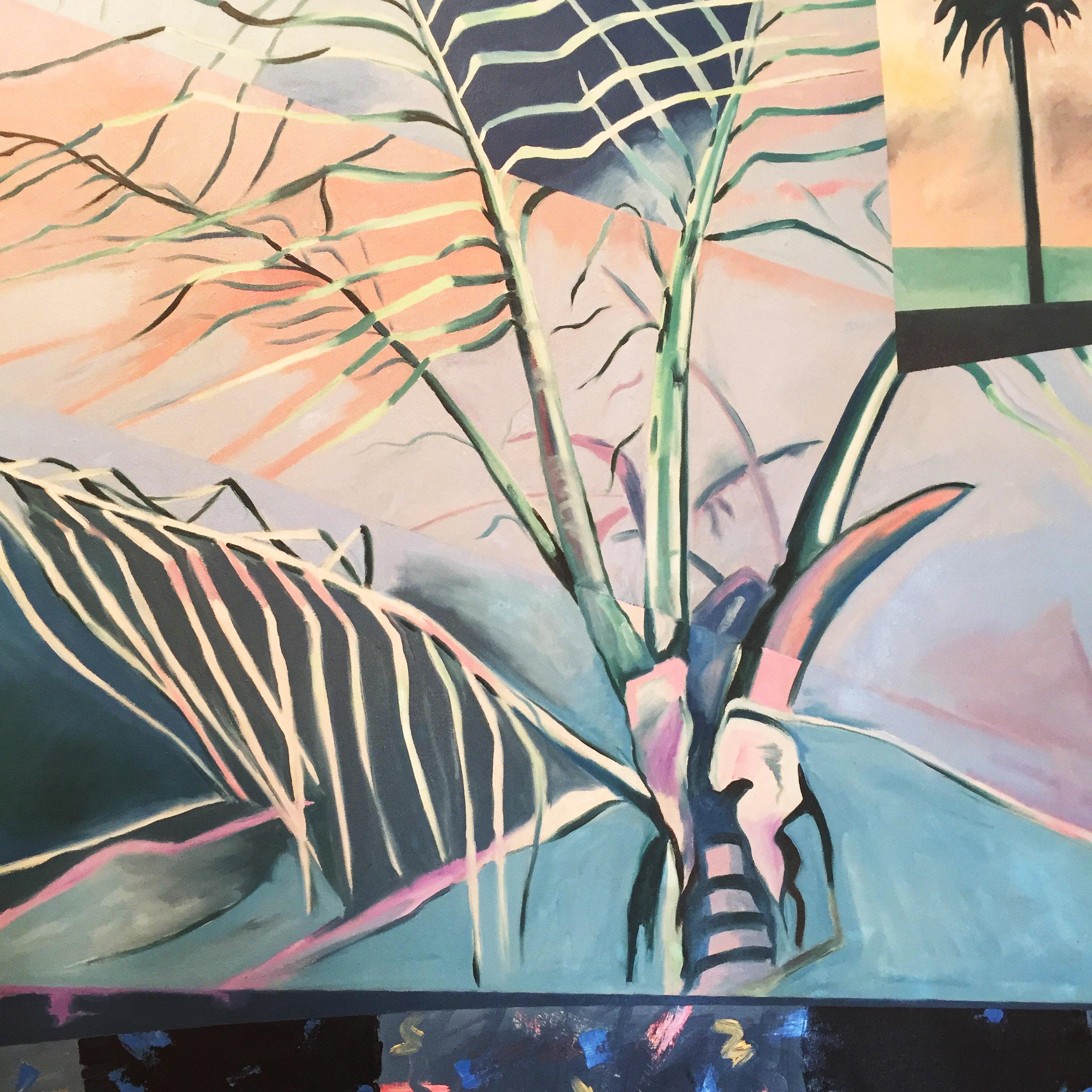 Américain Peinture « Palm's Parade » de Richard Frank, huile sur toile, œuvre d'art des années 1980 en vente