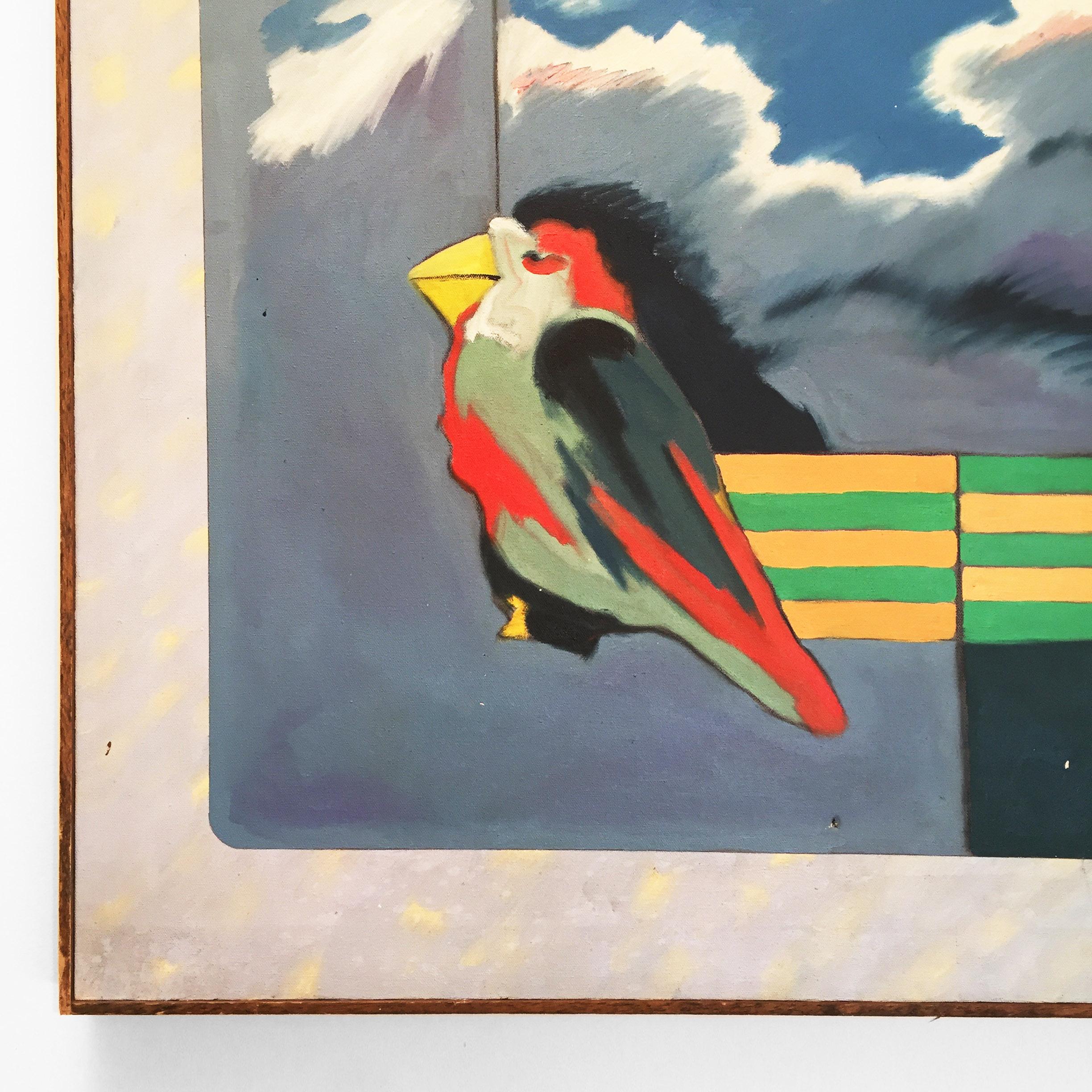 Toile Peinture à l'huile sur toile « Bird Strategy » de Richard Frank, années 1980 en vente