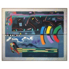 Peinture à l'huile sur toile « Bird Strategy » de Richard Frank, années 1980
