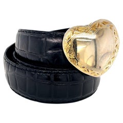 Richard Gampel Vintage Gold Tone Heart Buckle Black Leather Ladies Belt
