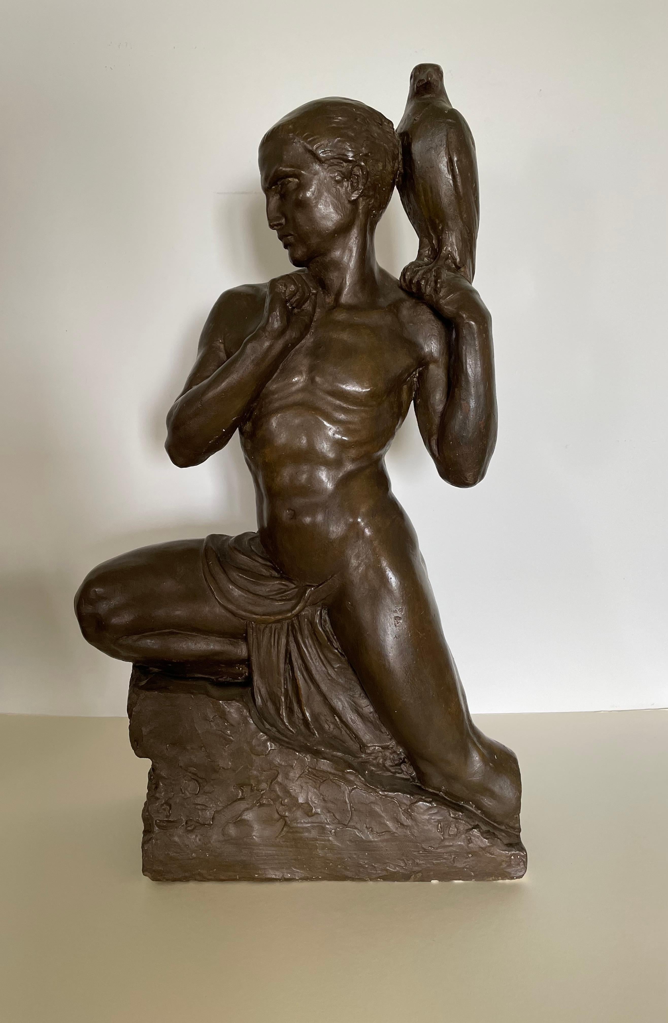 Le fauconnier, sculpture en plâtre britannique Art Déco de Richard Garbe RA