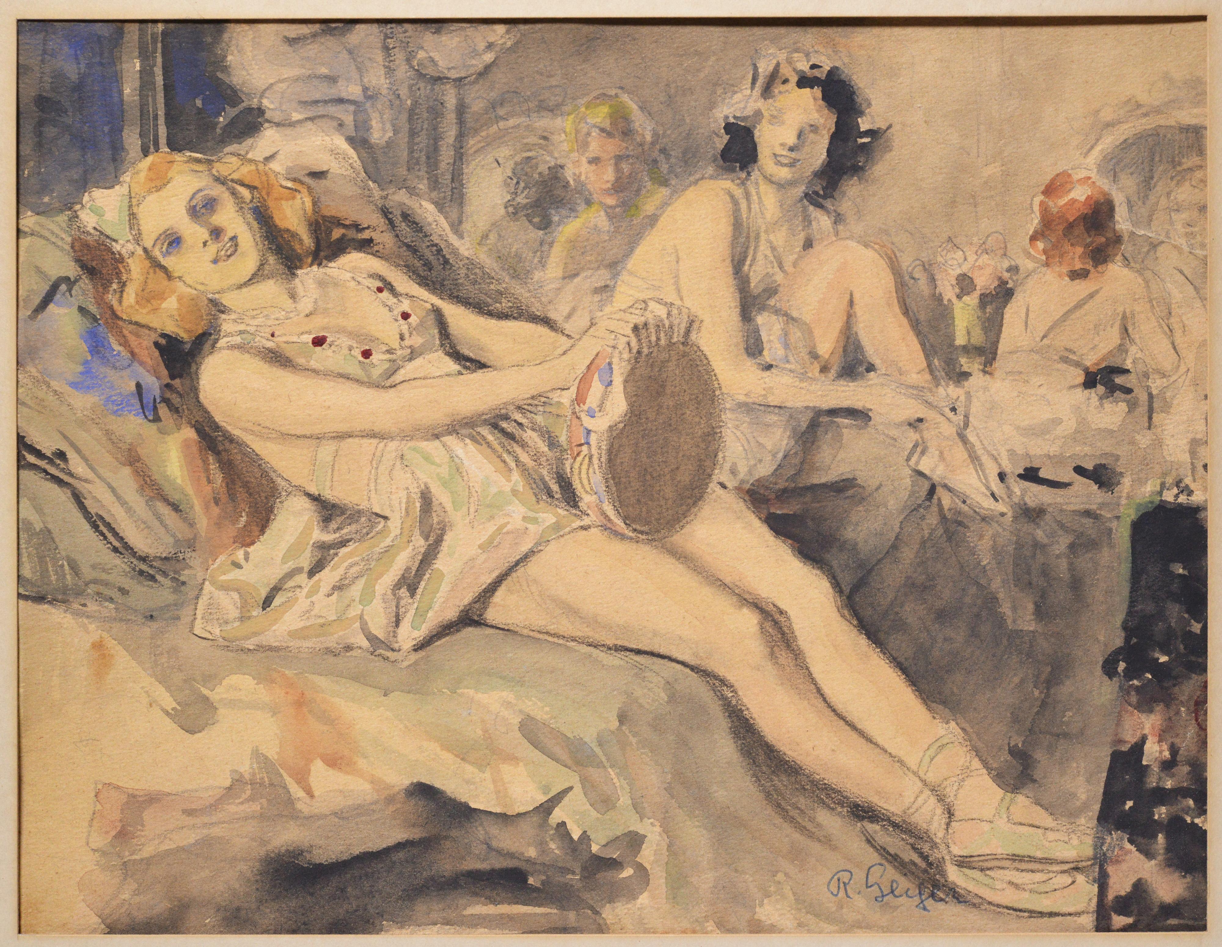 Cabaret Dancers girls Austrian watercolor painting in fraimed 1930s - Painting by Richard Geiger