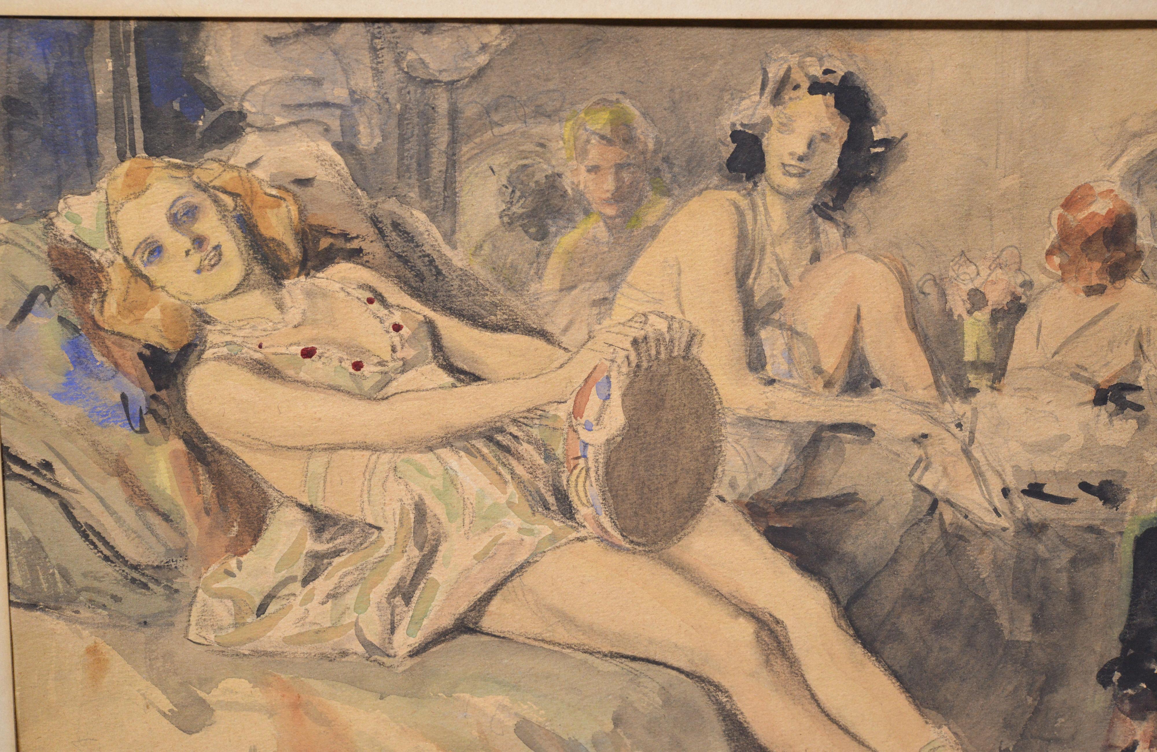 Cabaret Dancers girls Austrian watercolor painting in fraimed 1930s - Realist Painting by Richard Geiger