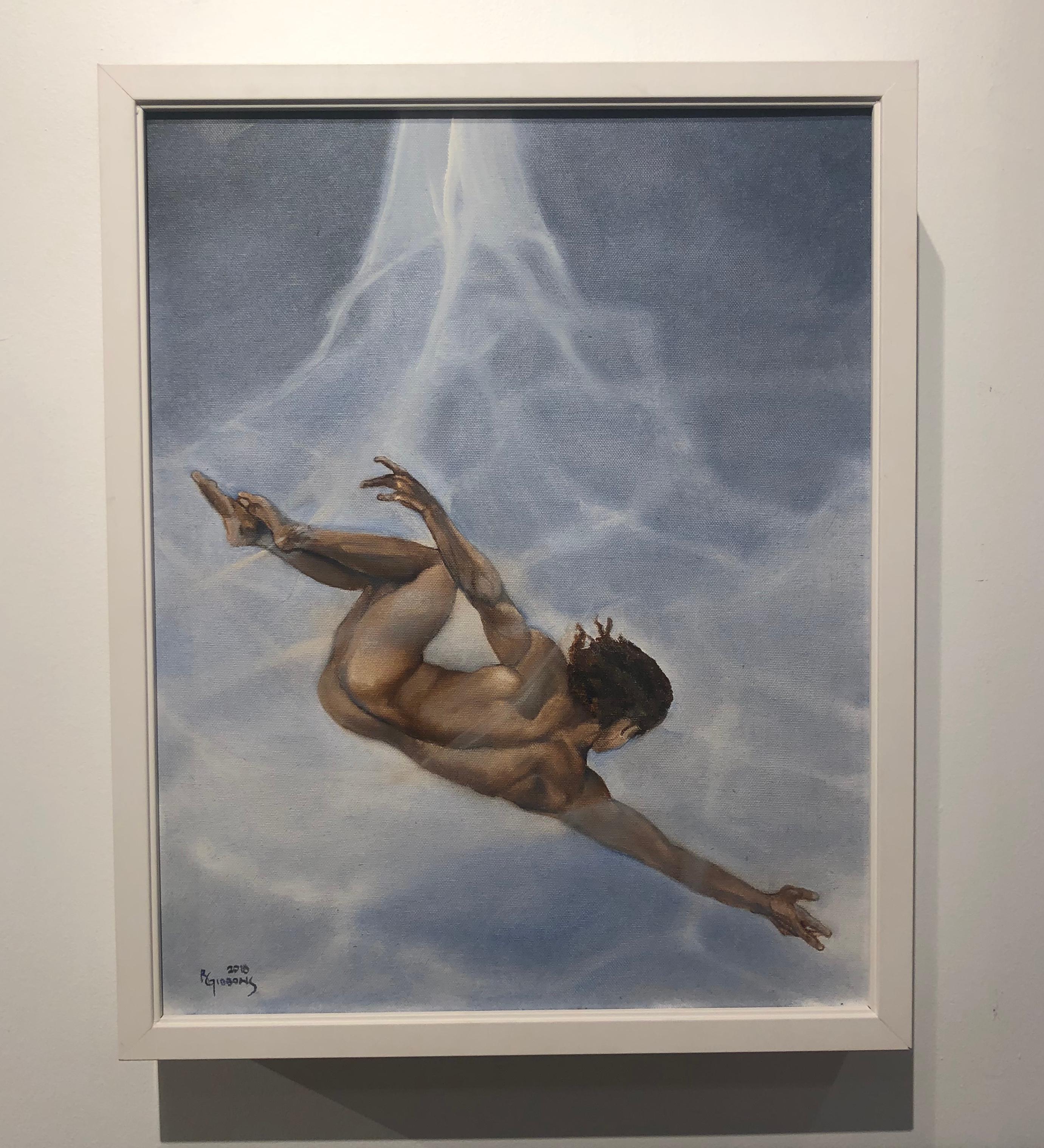 A male nude dives into crystal blue water in Richard Gibbons painting entitled 