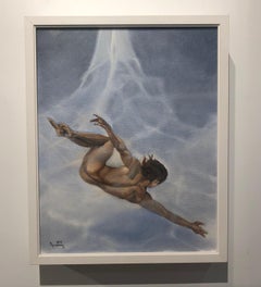 Aquarium, Male Nude, Diving into Crystal Blue Water, Original Oil Painting