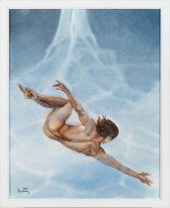 Aquarium, Male Nude, Diving into Crystal Blue Water, Original Oil Painting