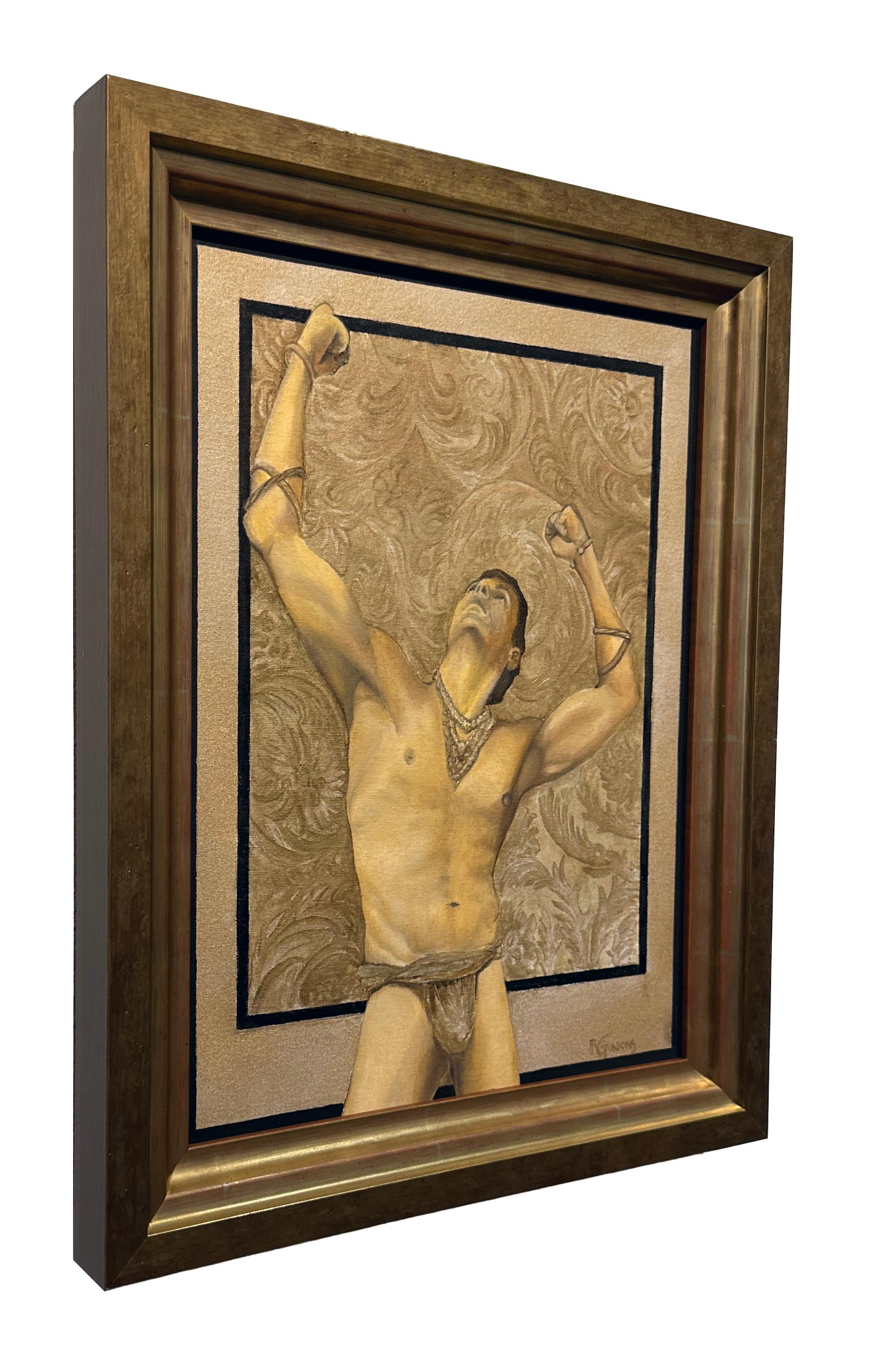Augustine's Crisis, Muscular Male, Wearing a Loin Cloth, Original Oil on Canvas - Contemporary Painting by Richard Gibbons