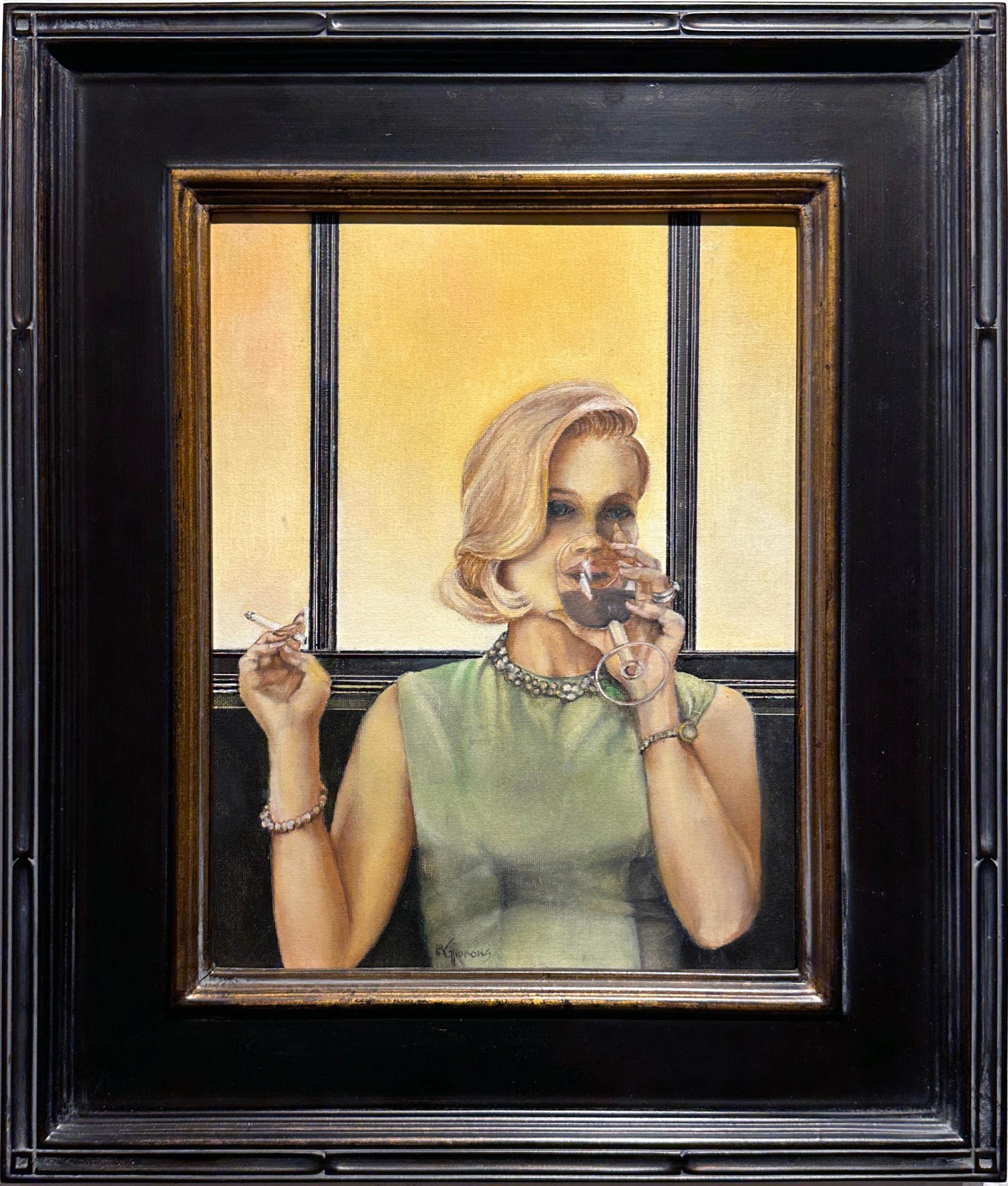 Betty - Ritratto di donna bionda che beve vino e fuma, pittura a olio originale - Painting di Richard Gibbons