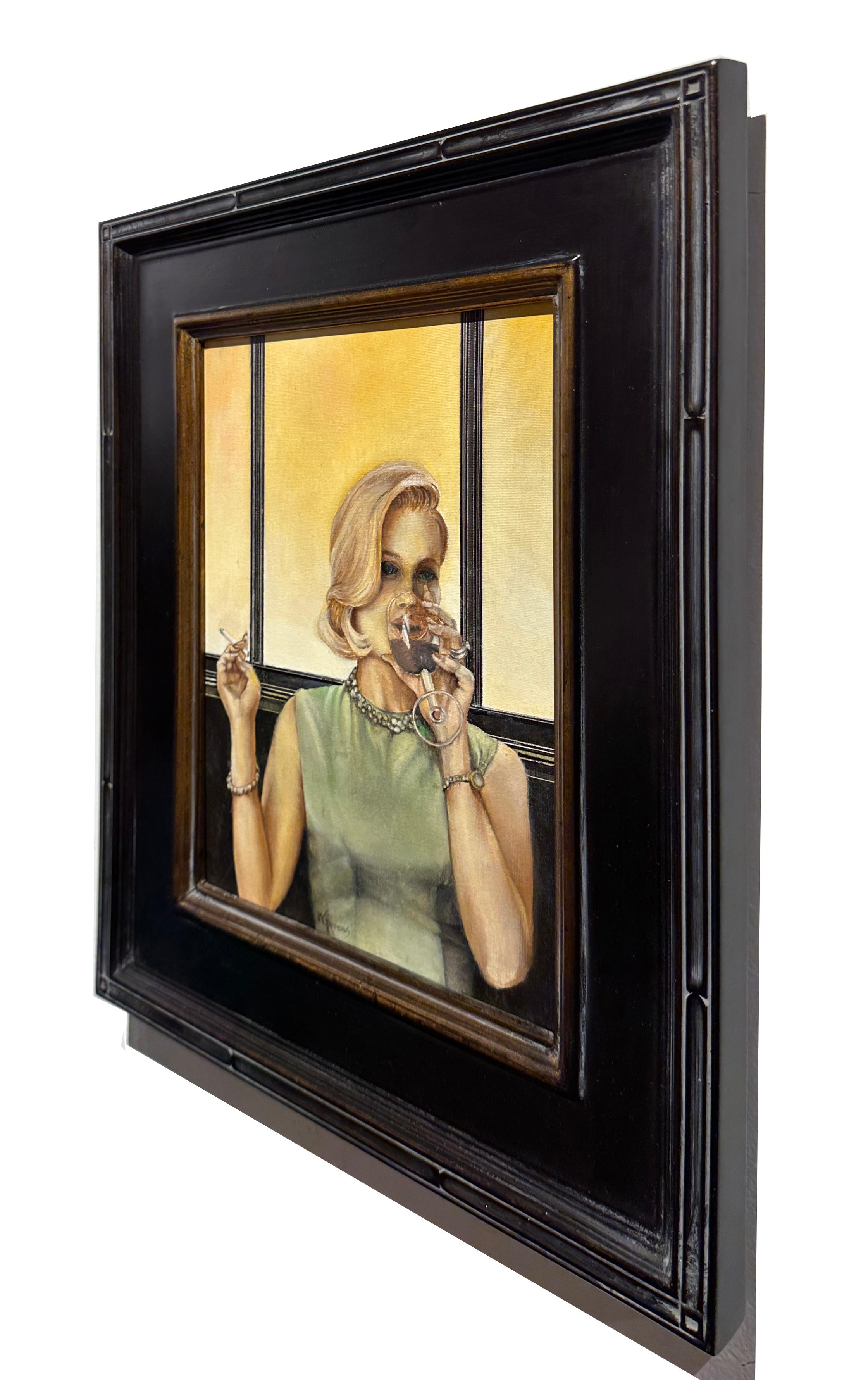 Betty - Ritratto di donna bionda che beve vino e fuma, pittura a olio originale - Painting Contemporaneo di Richard Gibbons