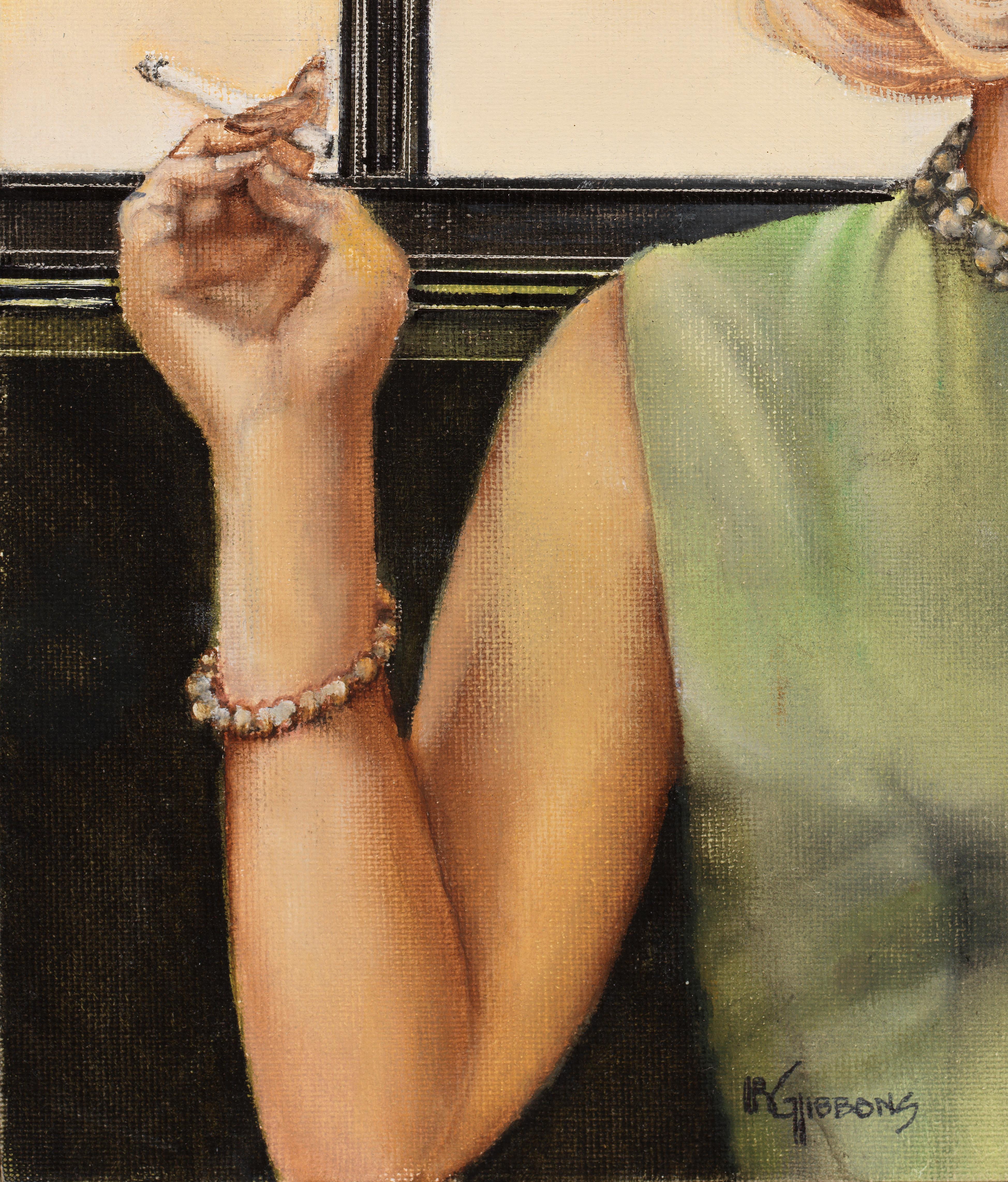 Betty - Ritratto di donna bionda che beve vino e fuma, pittura a olio originale 2