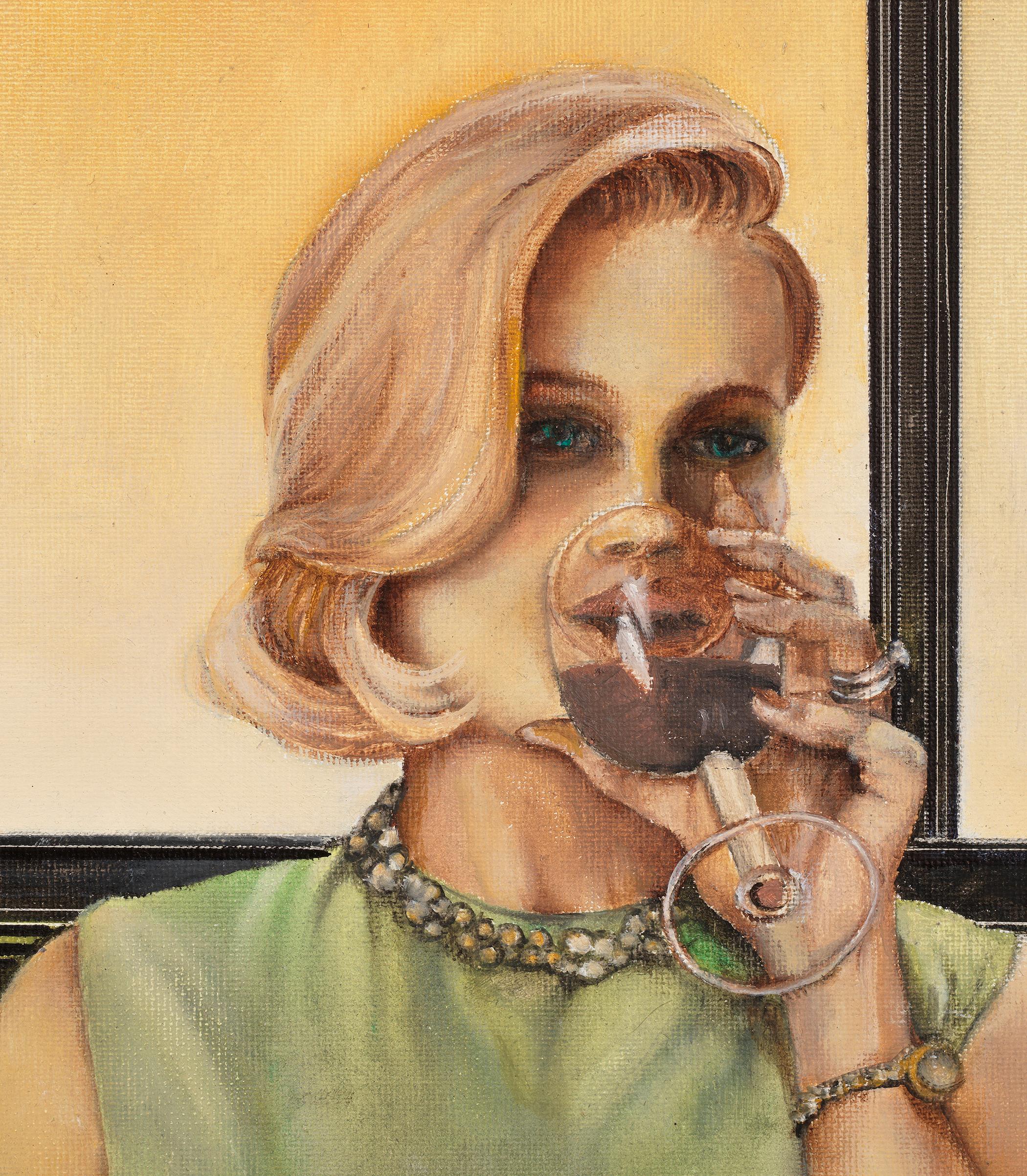 Betty - Ritratto di donna bionda che beve vino e fuma, pittura a olio originale 3