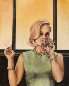 Betty – Porträt einerblonden Frau, die Wein und Rauch trinkt, Original-Ölgemälde
