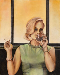 Betty - Ritratto di donna bionda che beve vino e fuma, pittura a olio originale