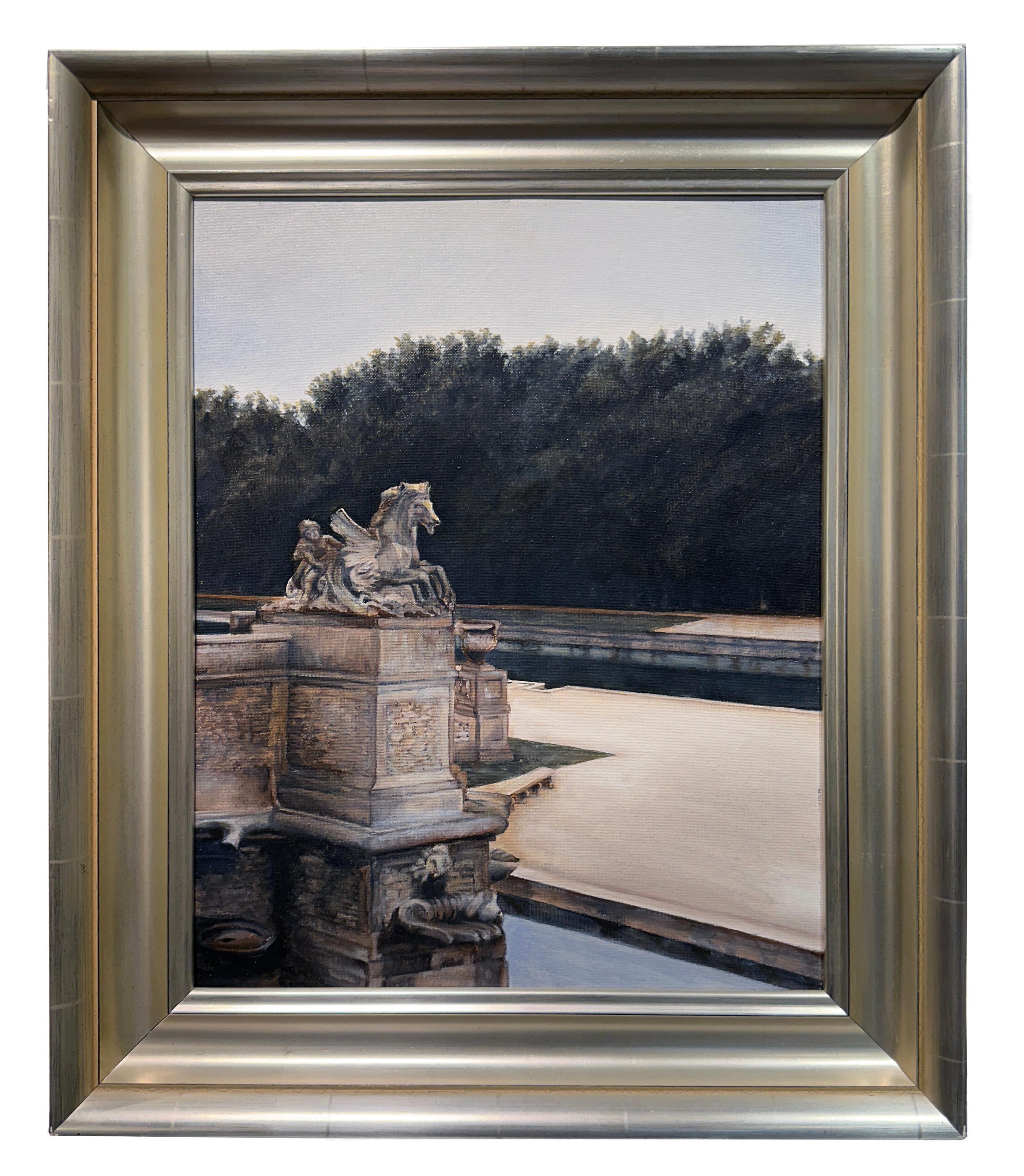Richard Gibbons Landscape Painting – Charioteau – Französische Landschaft mit Gartenskulptur und reflektierendem Teich, gerahmt