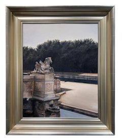 Charioteau - Paysage français avec sculpture de jardin et étang réfléchissant encadré