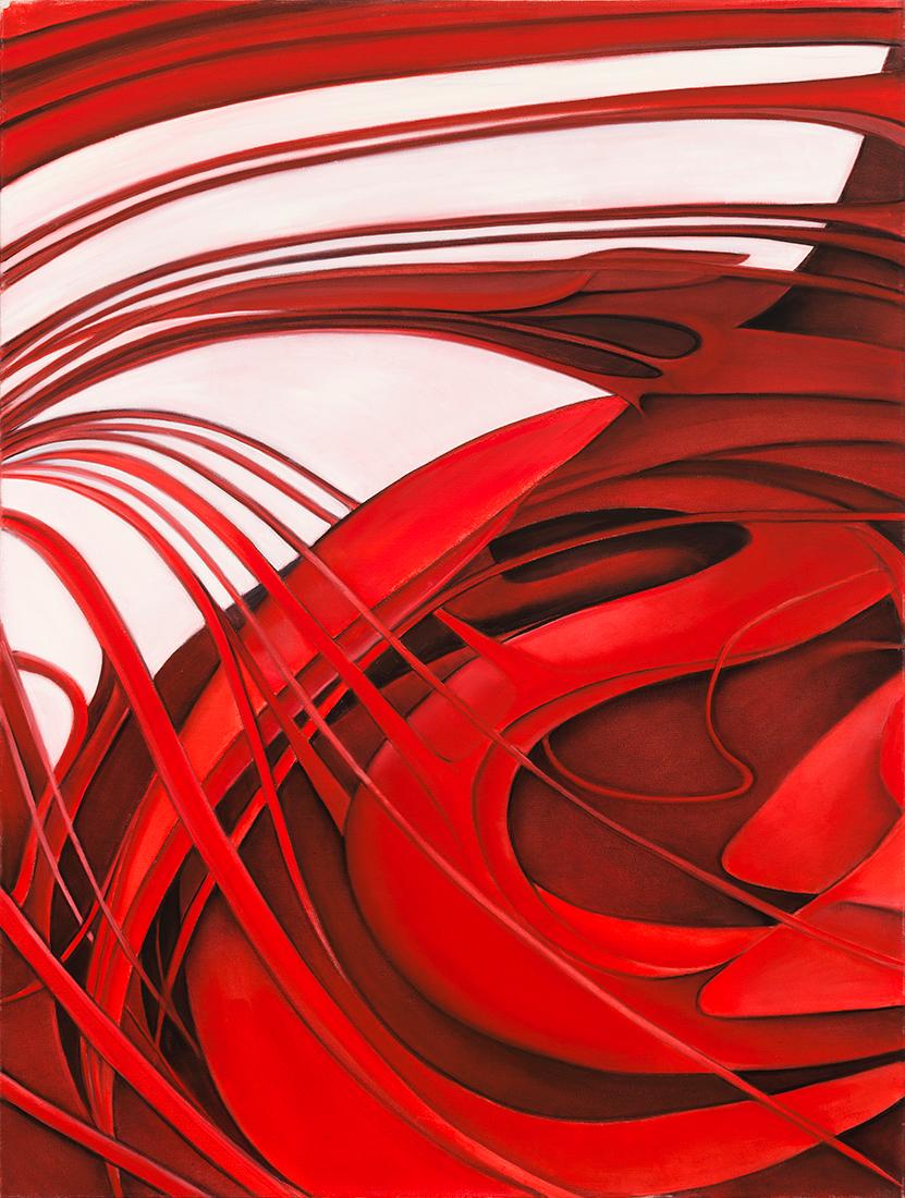 Richard Gibbons Abstract Painting - Chicago Fire - Original Oil, Abstract with Swirling Shades of Red and White